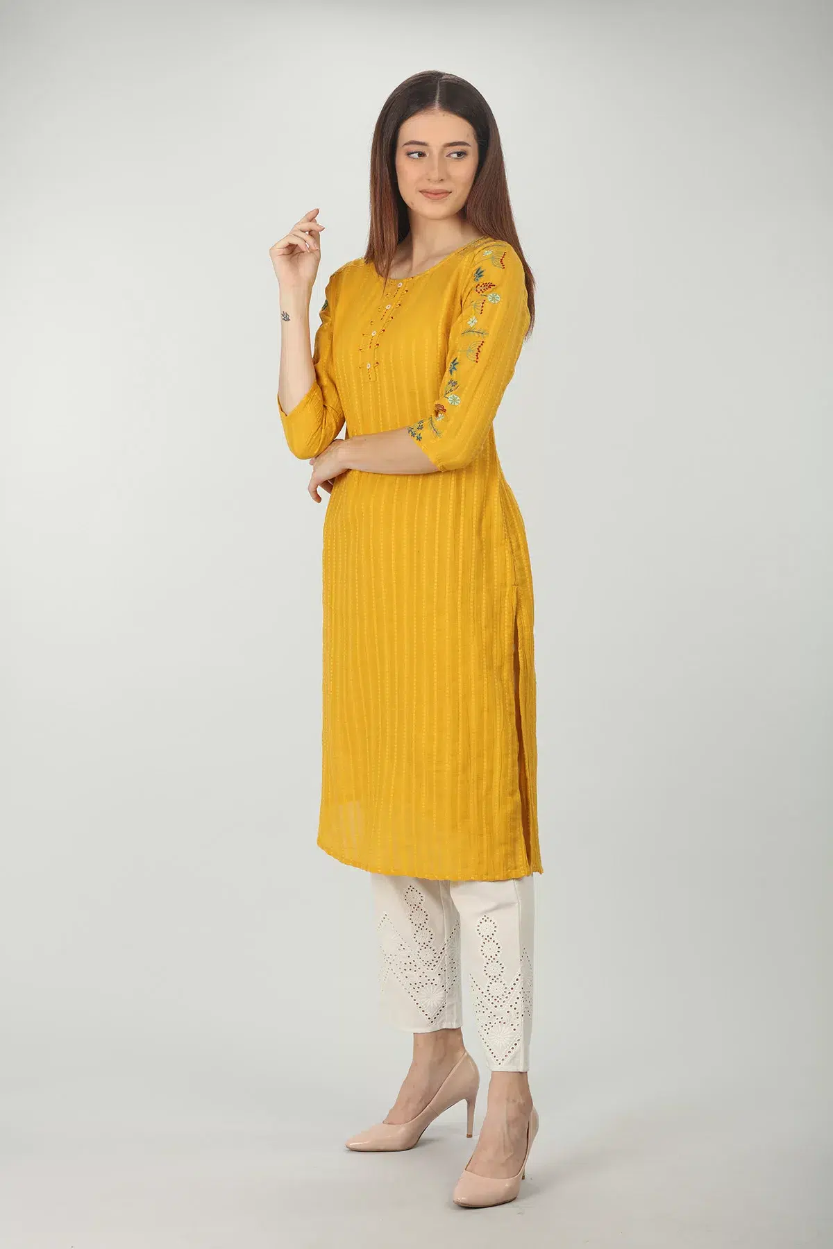 Embroidered Textured Yellow Kurti For Women