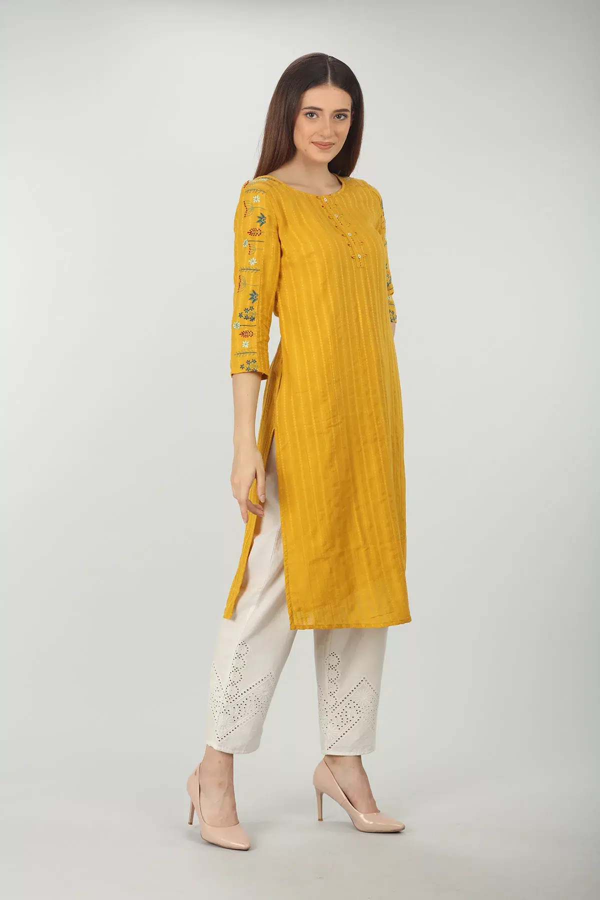 Embroidered Textured Yellow Kurti For Women