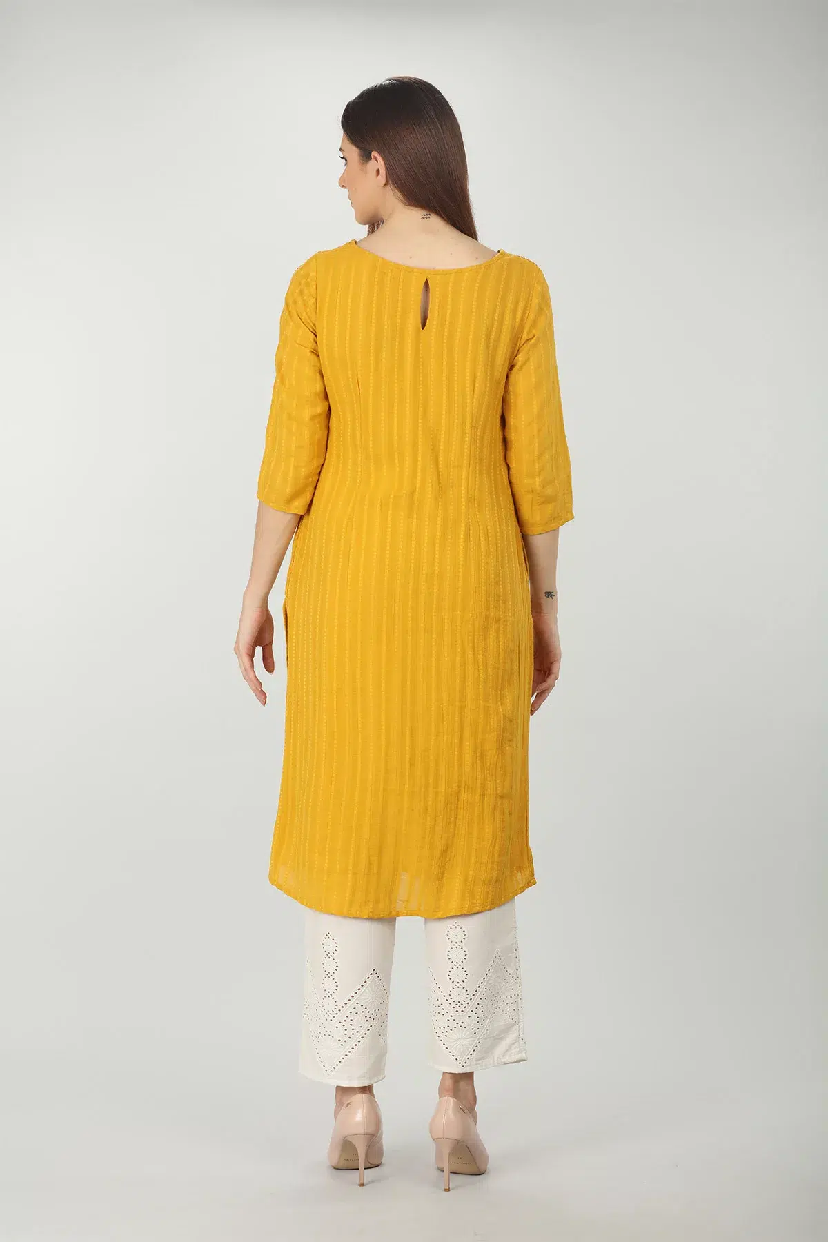 Embroidered Textured Yellow Kurti For Women