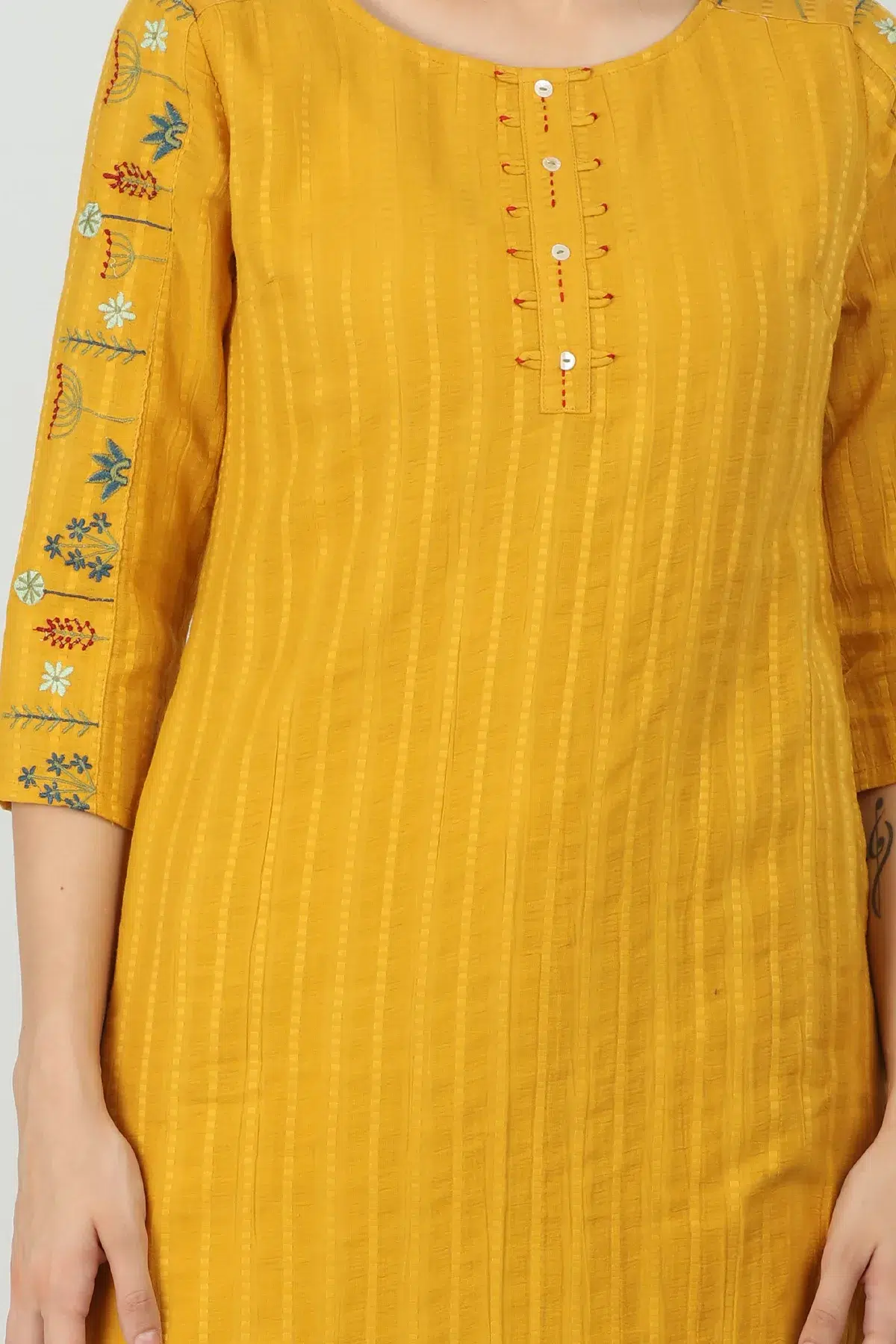 Embroidered Textured Yellow Kurti For Women