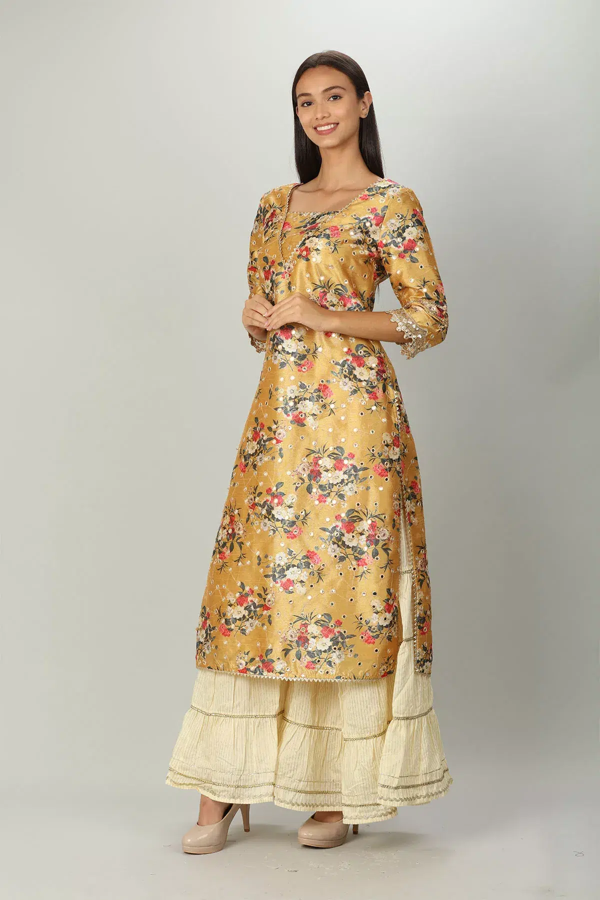 Floral Printed Yellow Kurti For Women