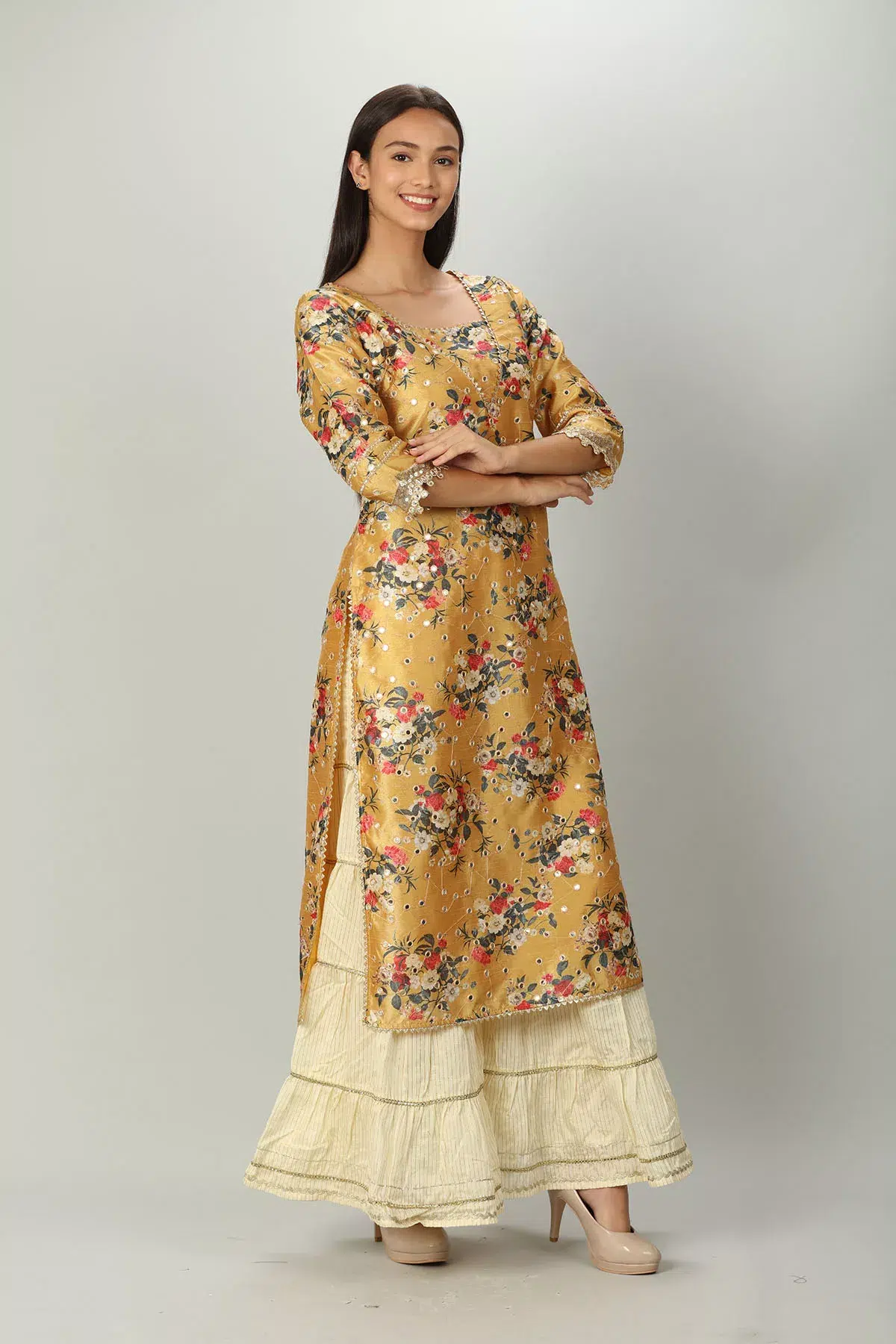 Floral Printed Yellow Kurti For Women