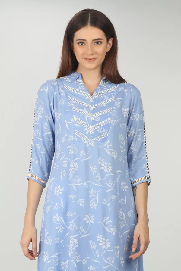 Lace Print Sky Blue Color Kurti For Women