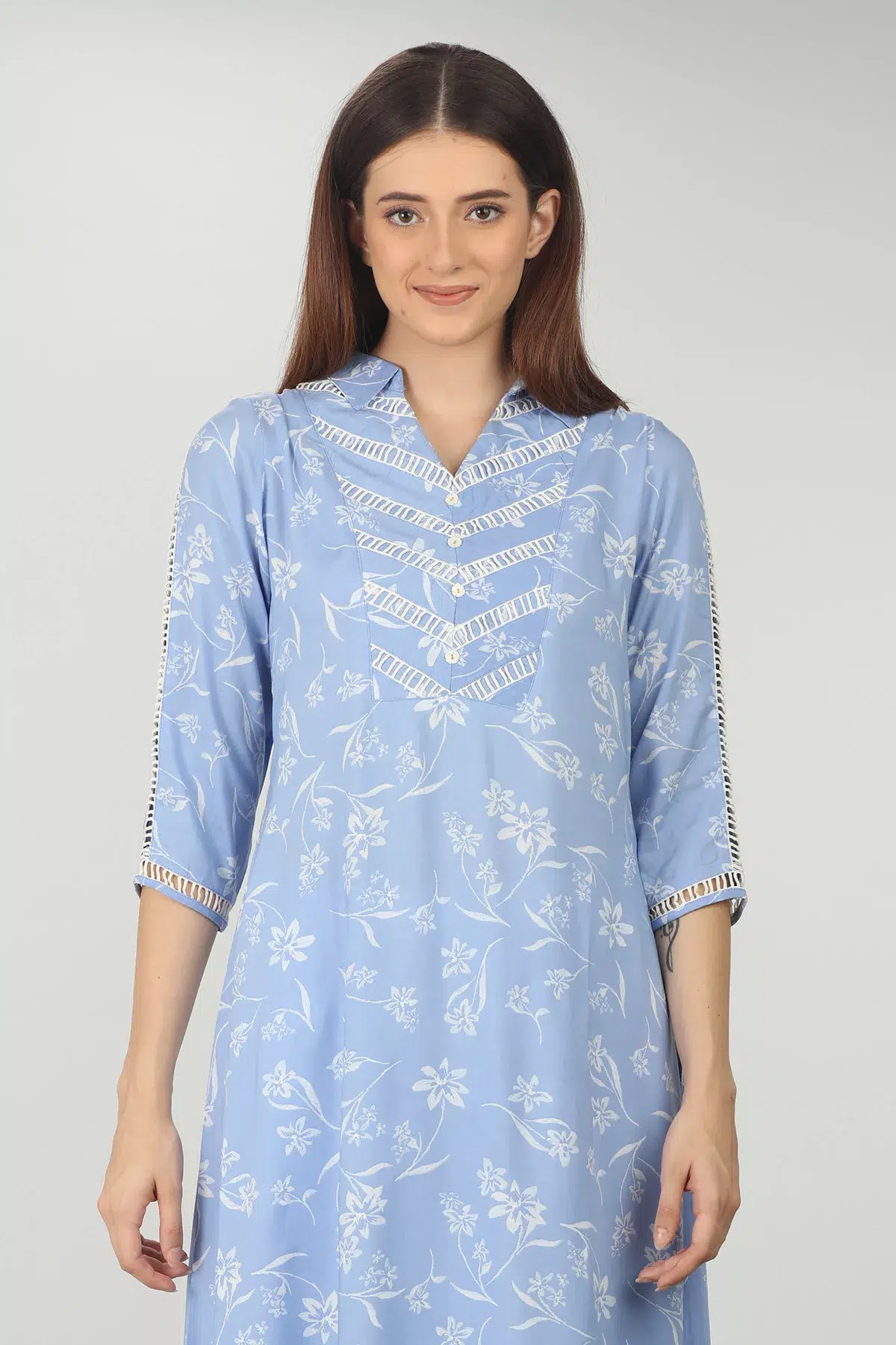Lace Print Sky Blue Color Kurti For Women