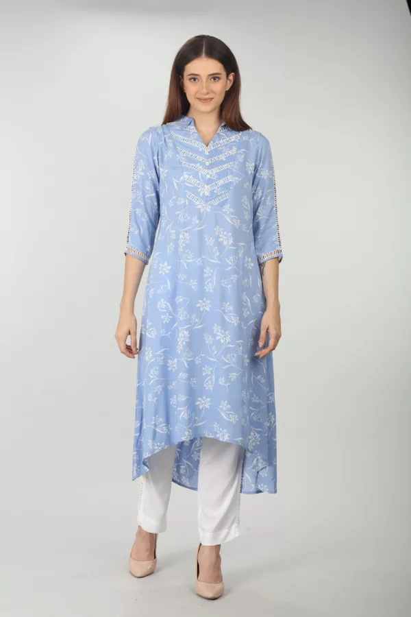 Lace Print Sky Blue Color Kurti For Women