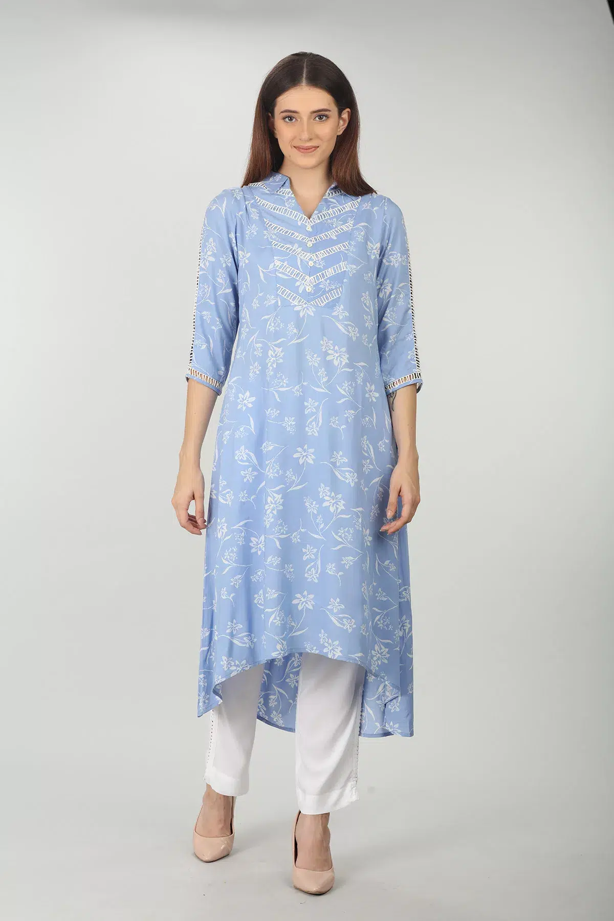 Lace Print Sky Blue Color Kurti For Women
