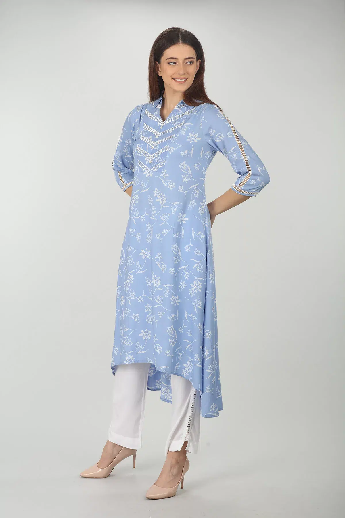 Lace Print Sky Blue Color Kurti For Women