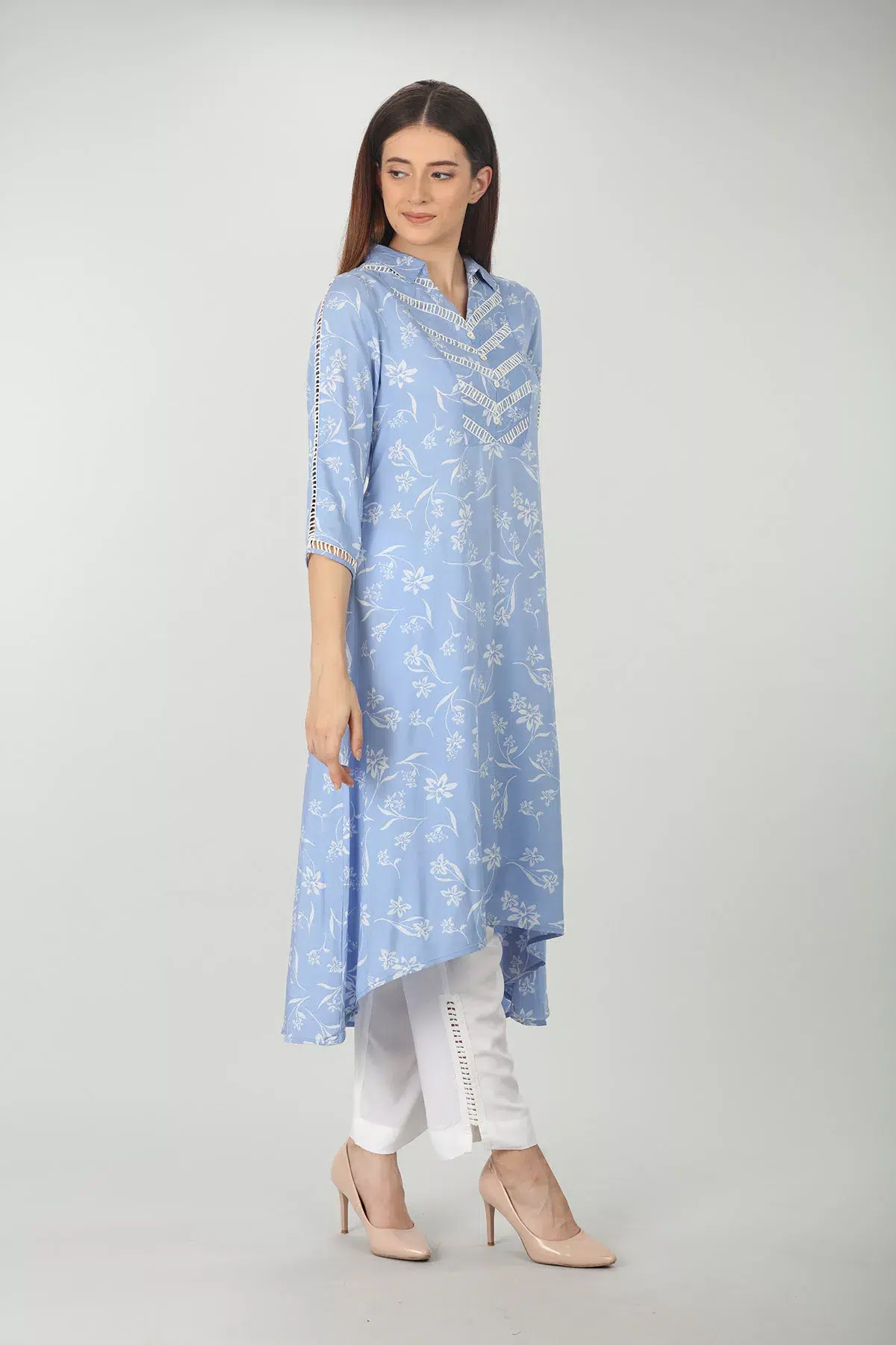 Lace Print Sky Blue Color Kurti For Women