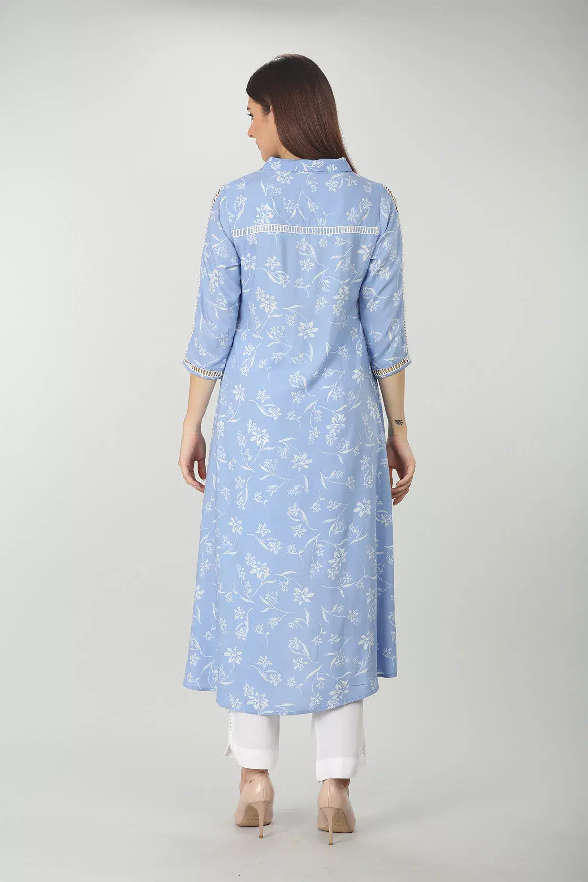 Lace Print Sky Blue Color Kurti For Women