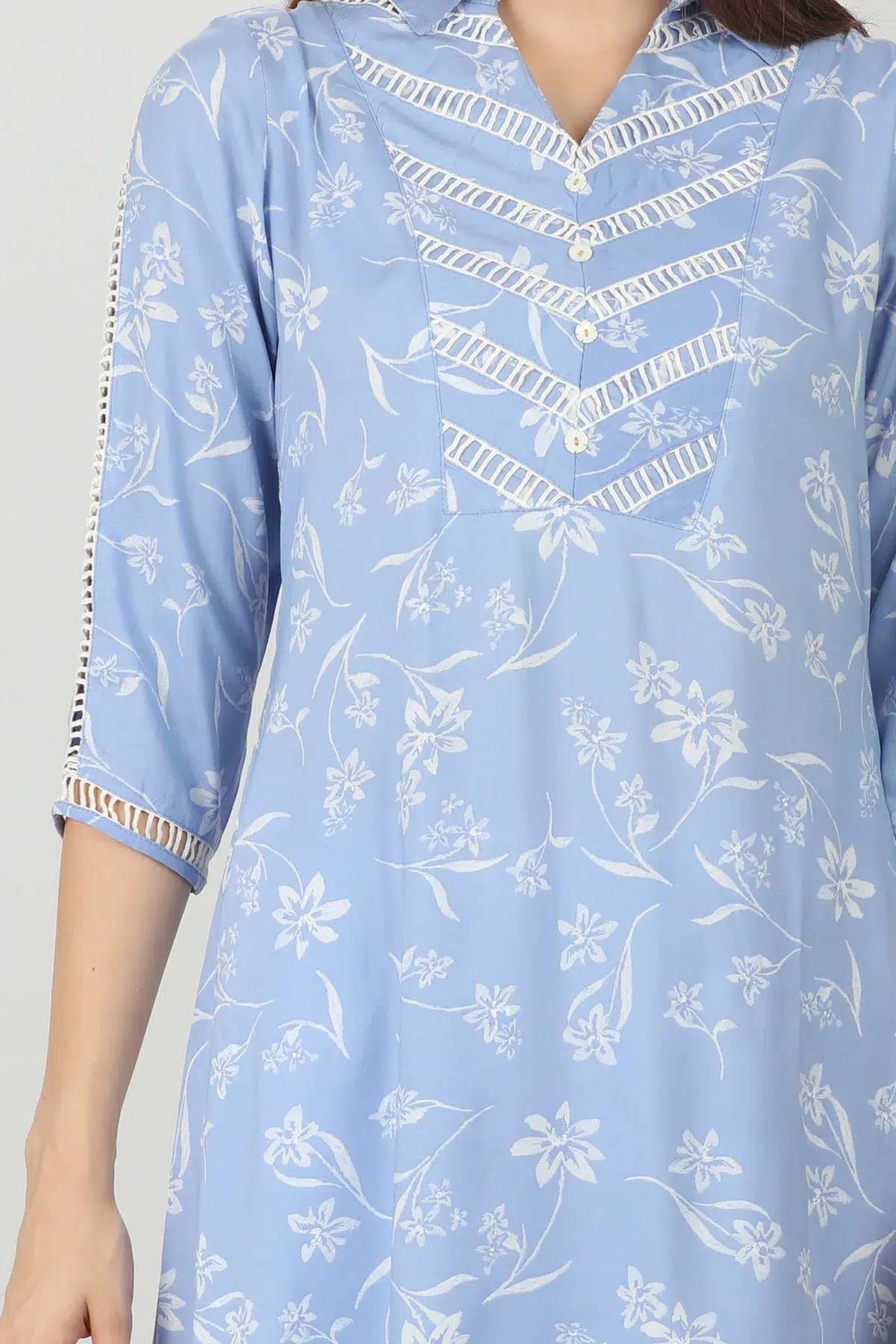 Lace Print Sky Blue Color Kurti For Women