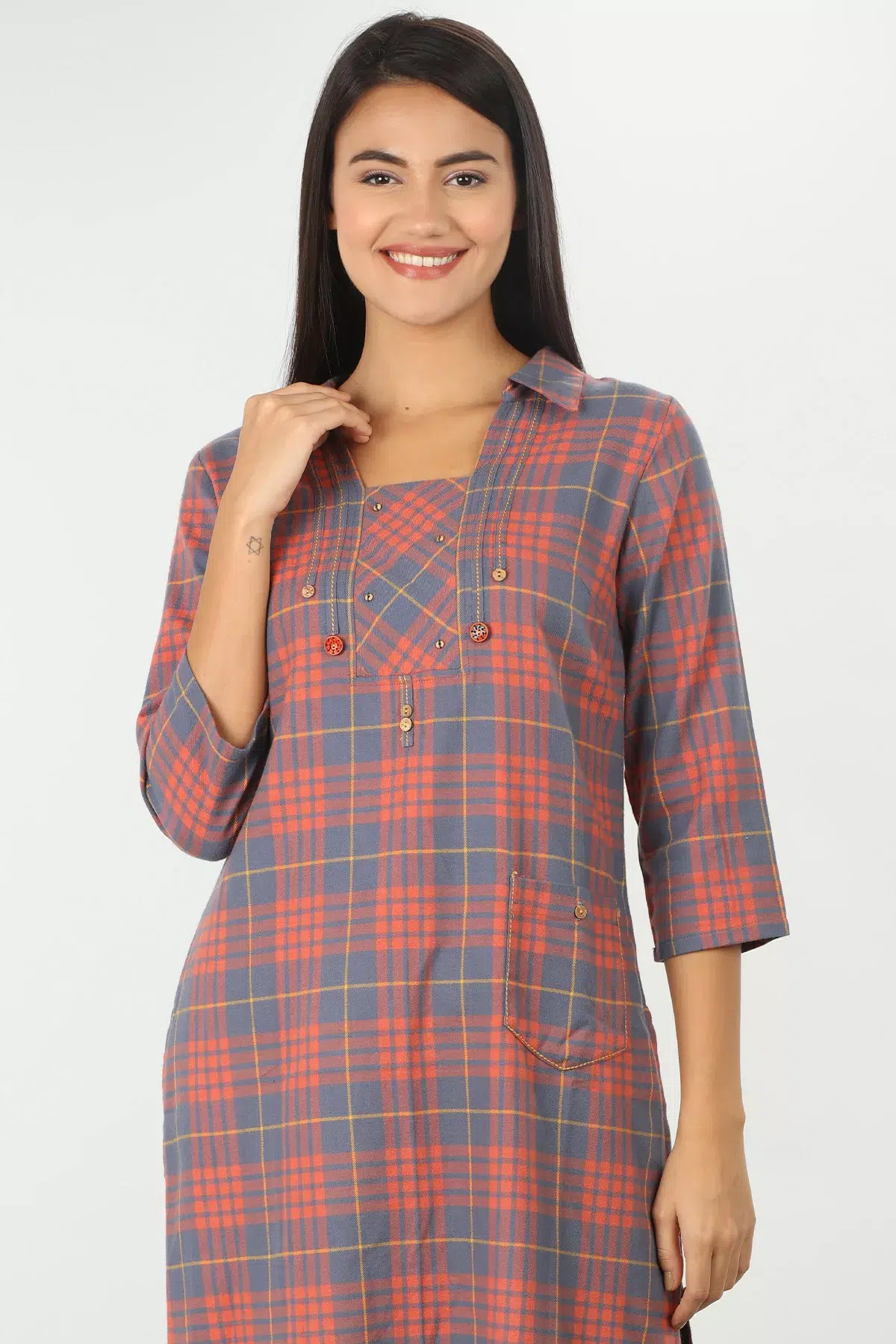 Slate Blue And Light Orange Checks Kurta For Women