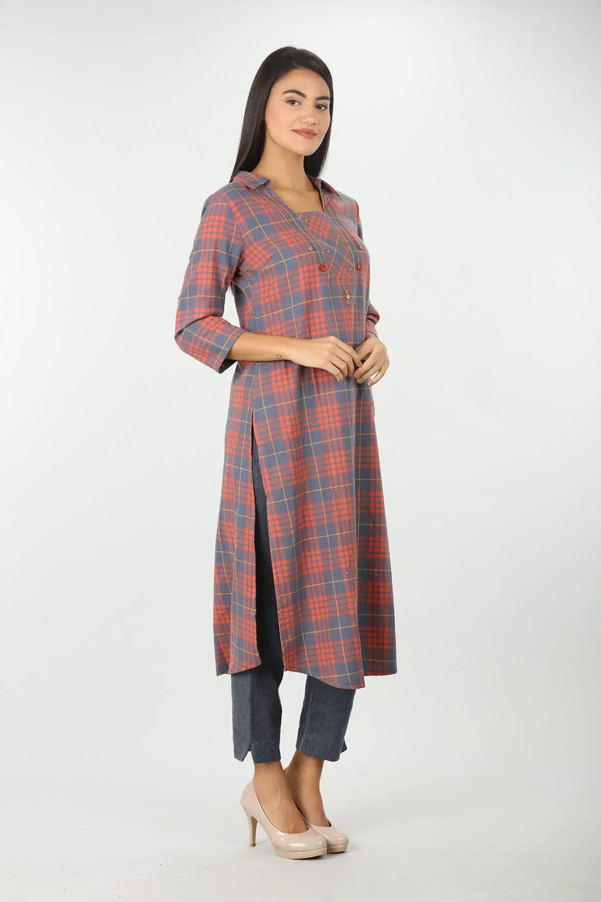 Slate Blue And Light Orange Checks Kurta For Women
