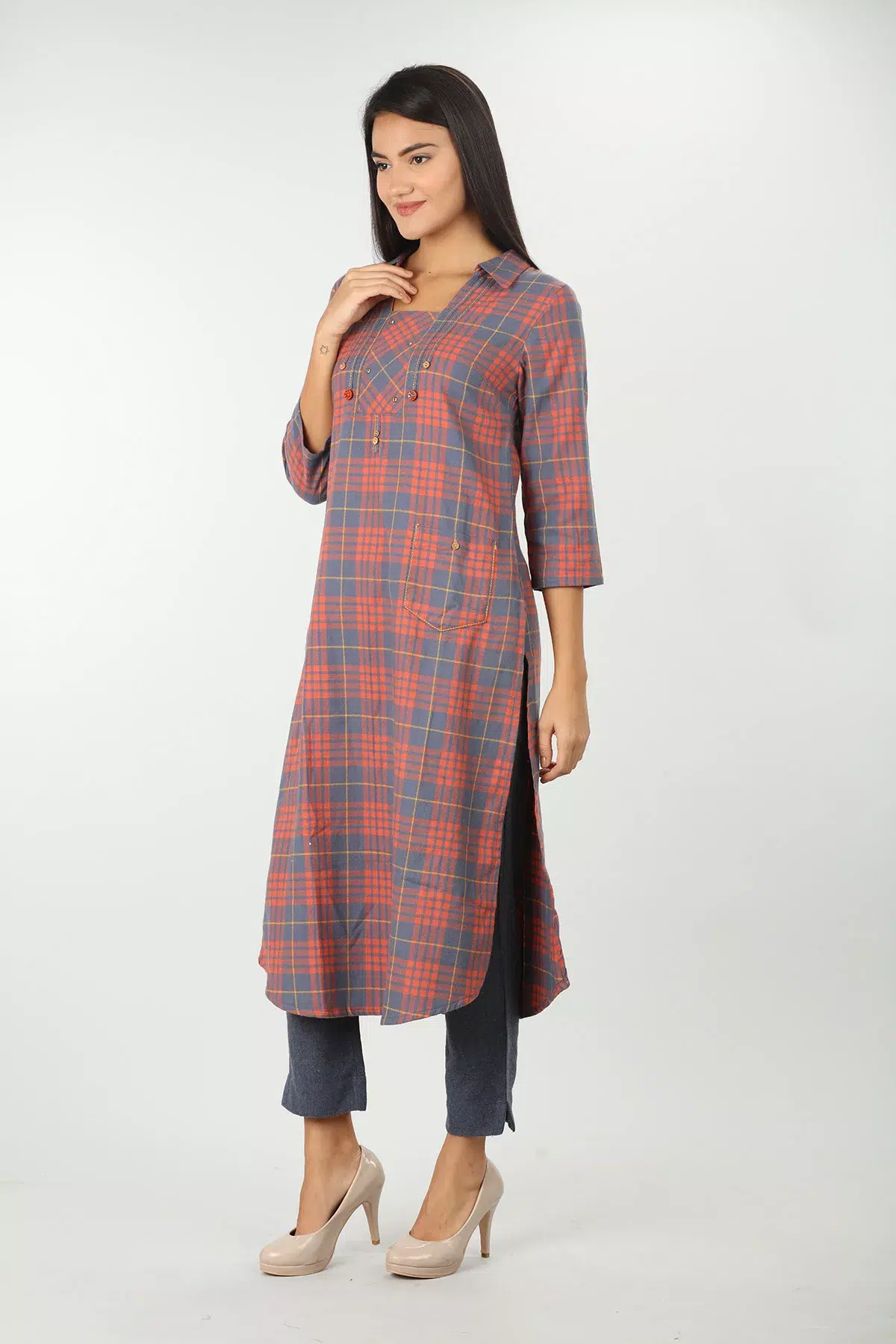 Slate Blue And Light Orange Checks Kurta For Women