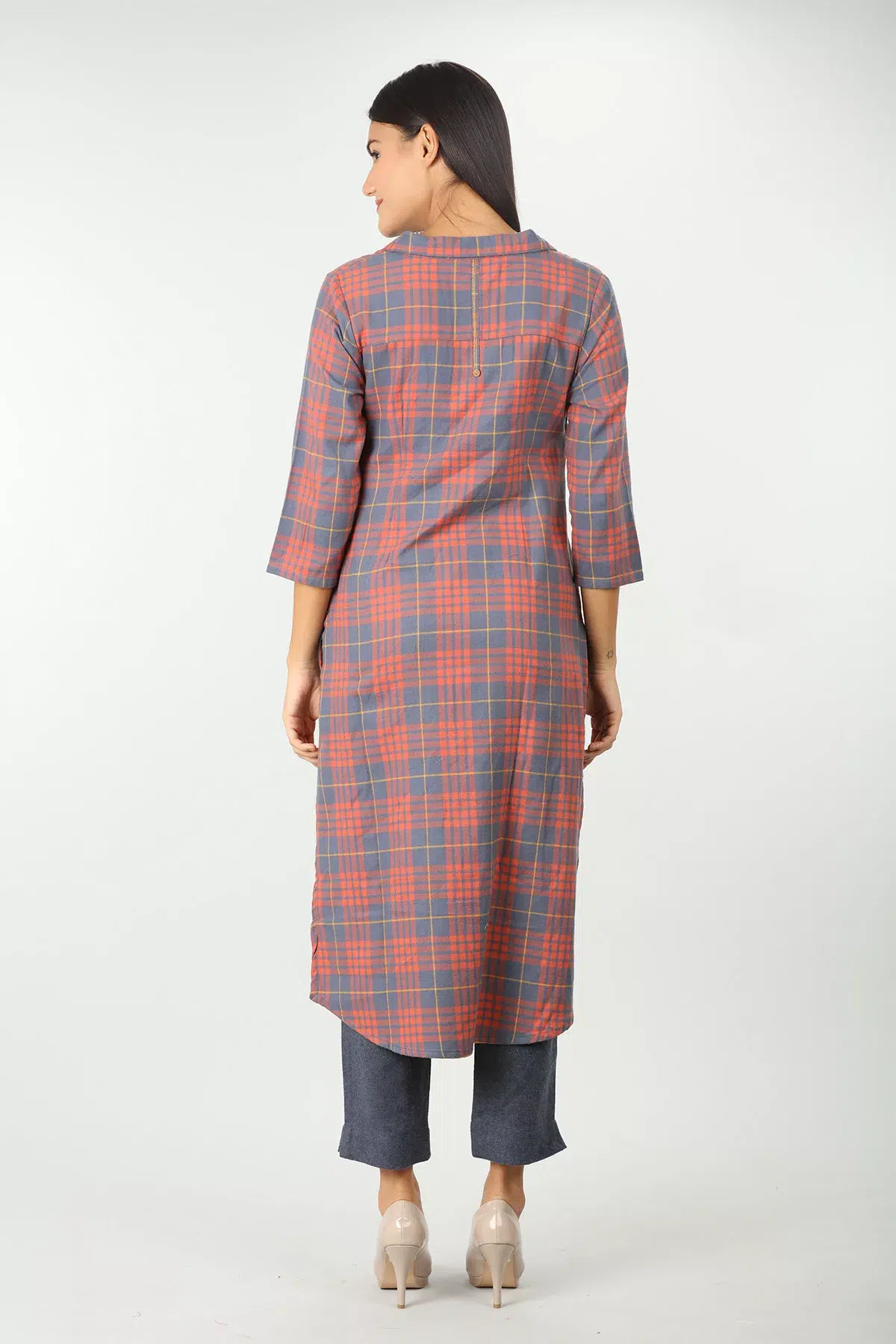 Slate Blue And Light Orange Checks Kurta For Women