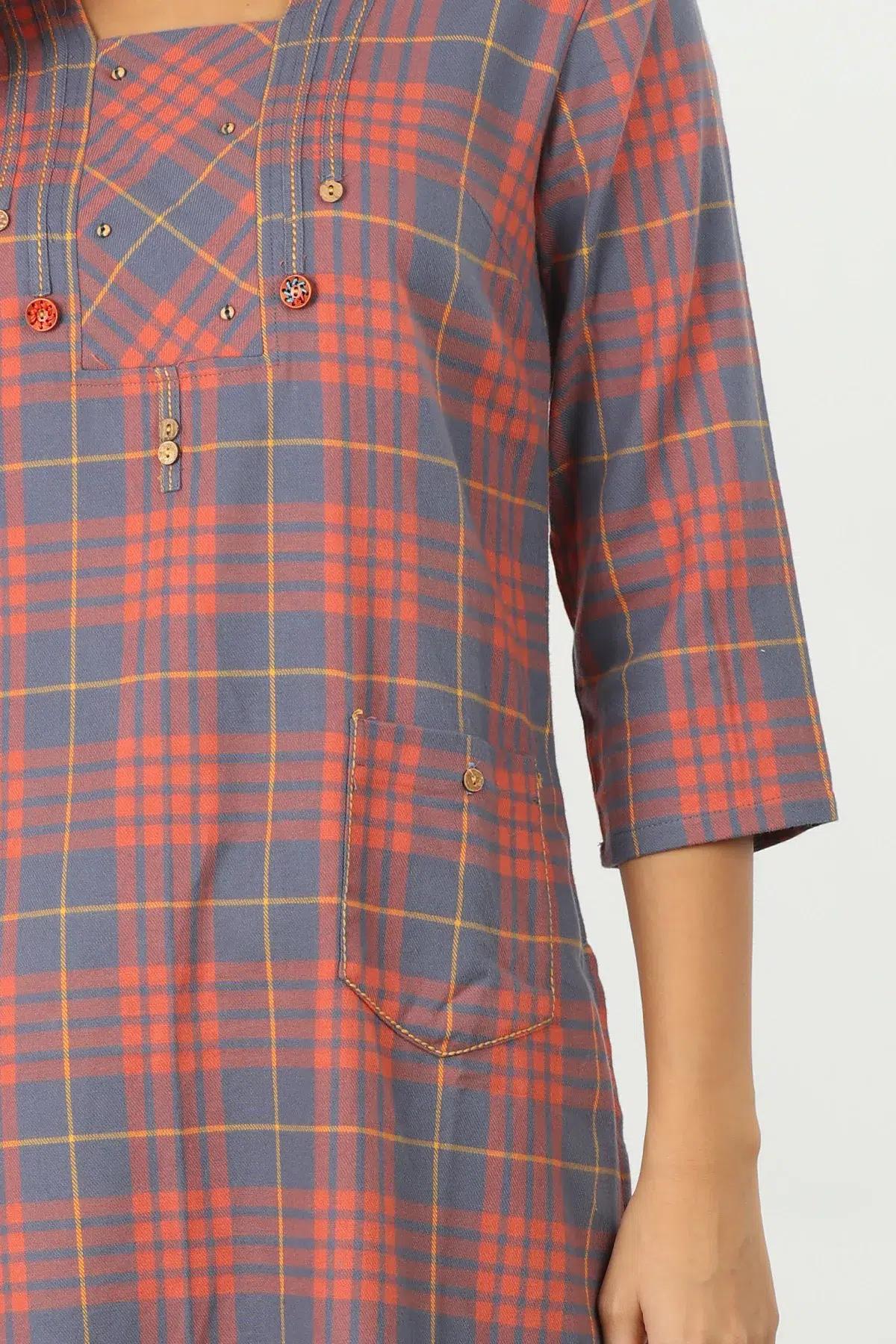 Slate Blue And Light Orange Checks Kurta For Women