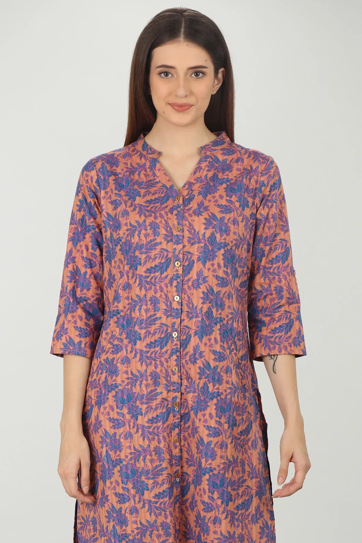 Floral Printed Blue And Peach Colour Kurti For Women