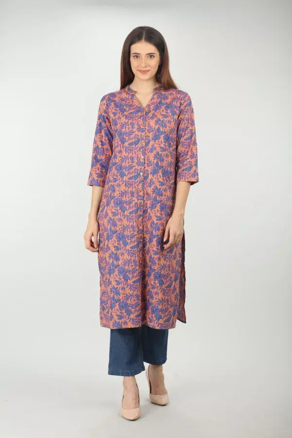 Floral Printed Blue And Peach Colour Kurti For Women