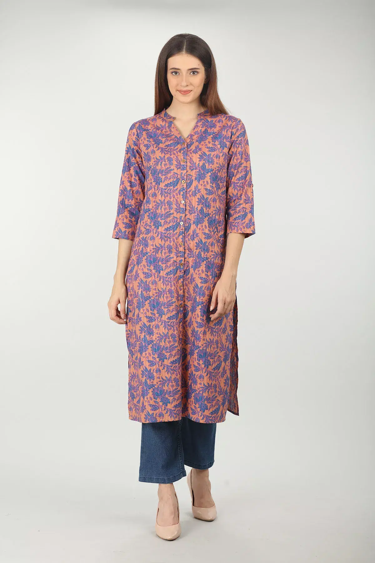 Floral Printed Blue And Peach Colour Kurti For Women