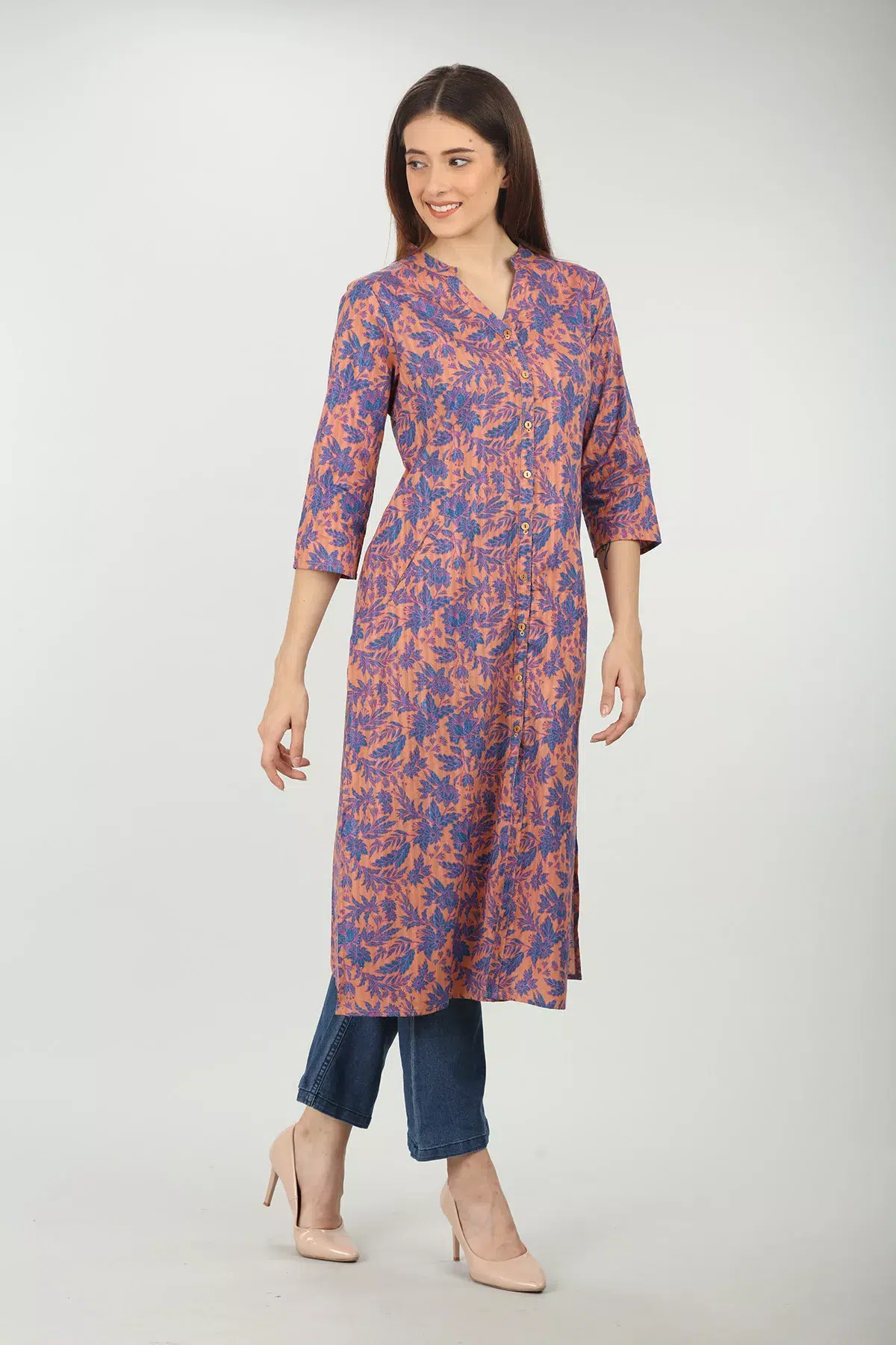 Floral Printed Blue And Peach Colour Kurti For Women