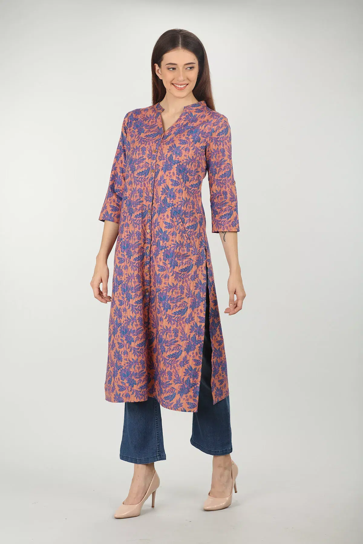 Floral Printed Blue And Peach Colour Kurti For Women
