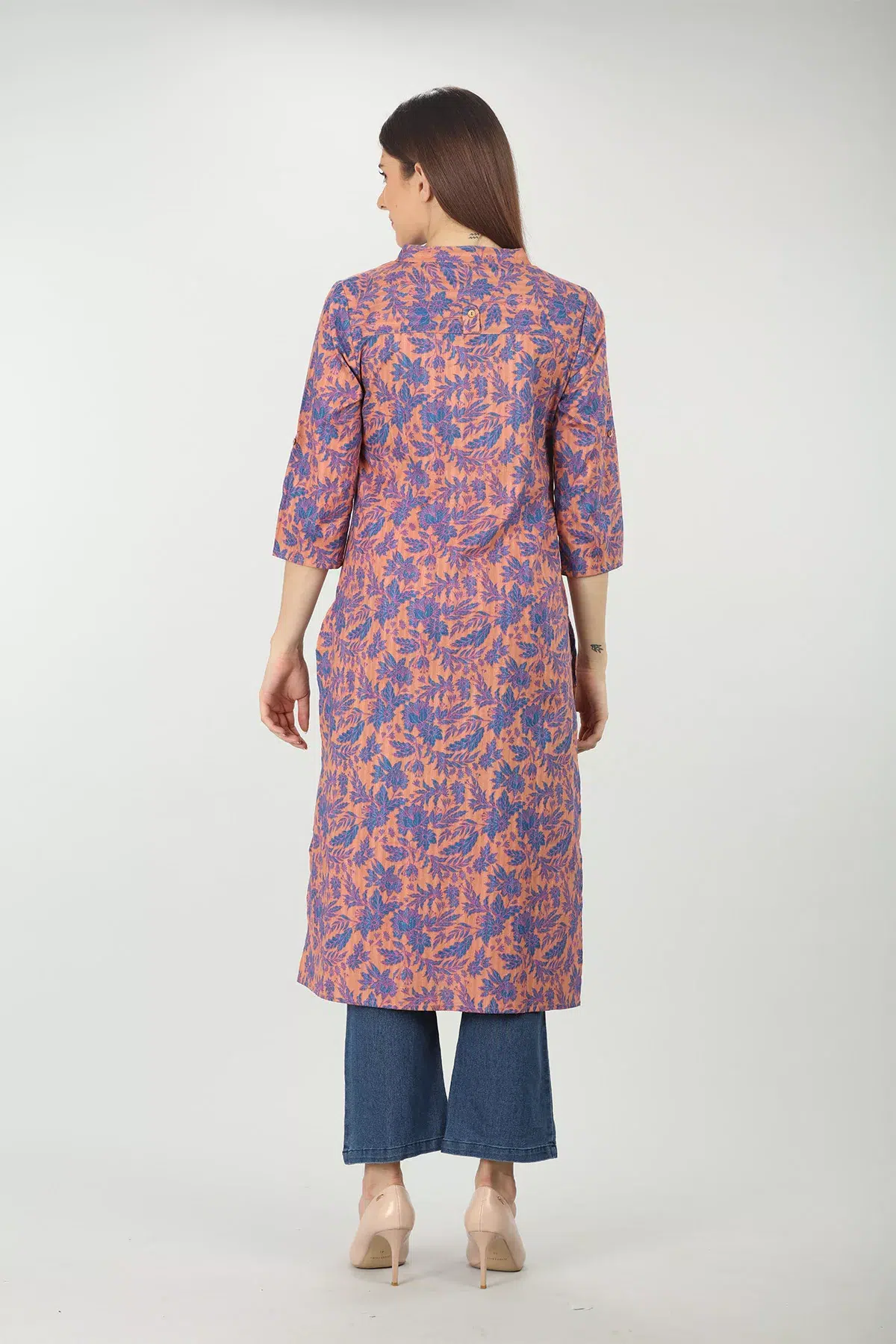 Floral Printed Blue And Peach Colour Kurti For Women