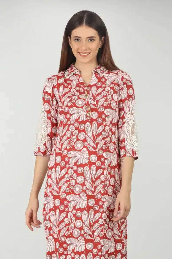 Printed Brick Red Kurti For Women