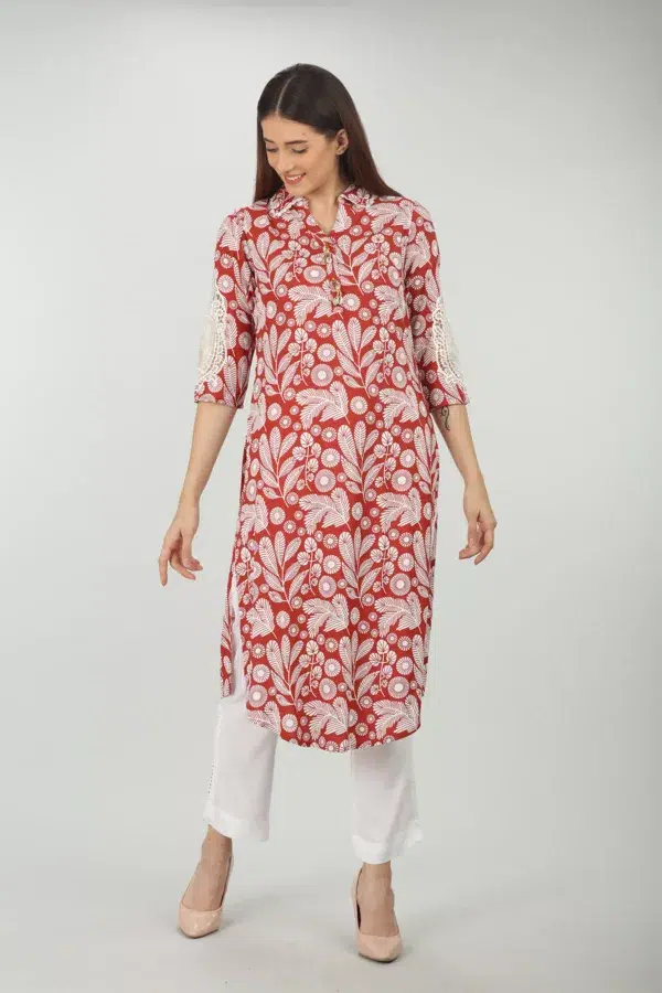 Printed Brick Red Kurti For Women