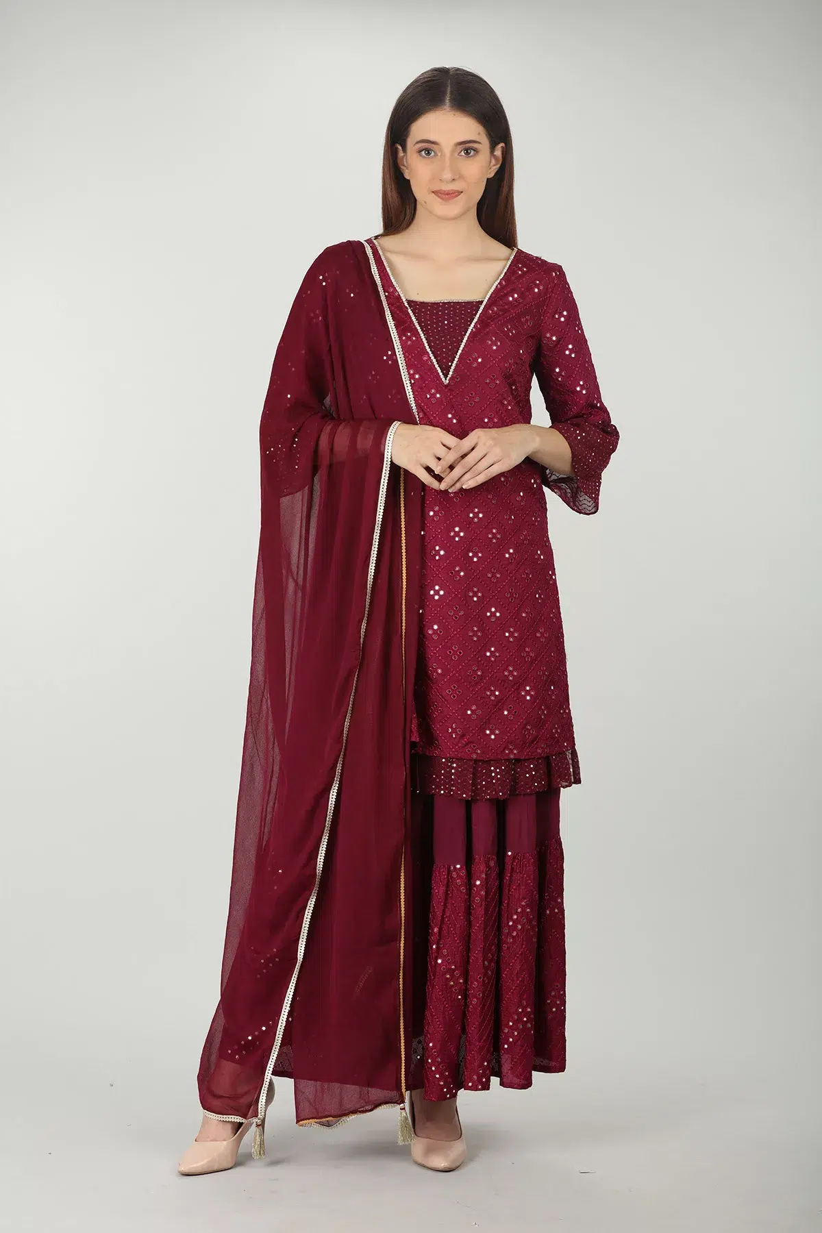 WINE EMBELLISHED CHIFFON DUPATTA - Image 2