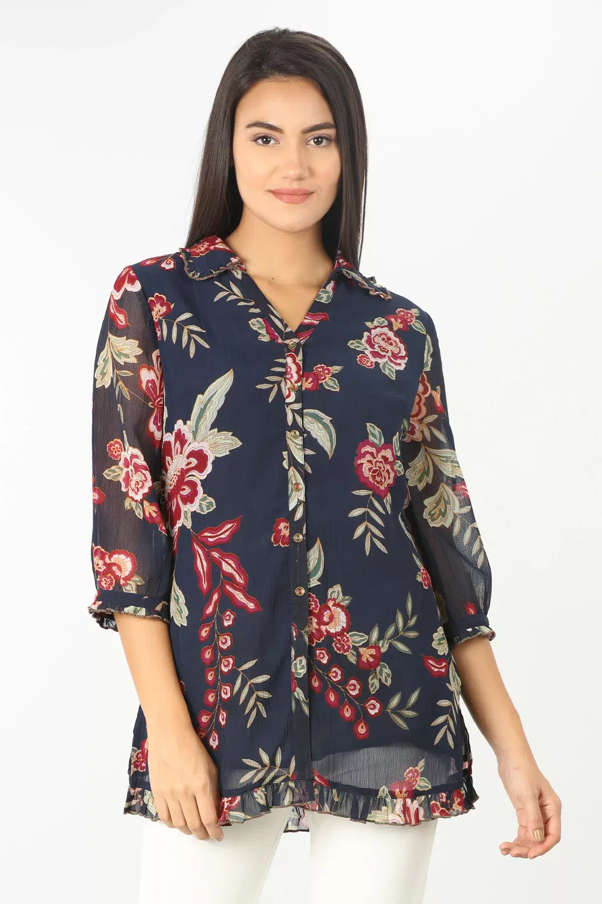 Floral Printed Blue Shirt Women