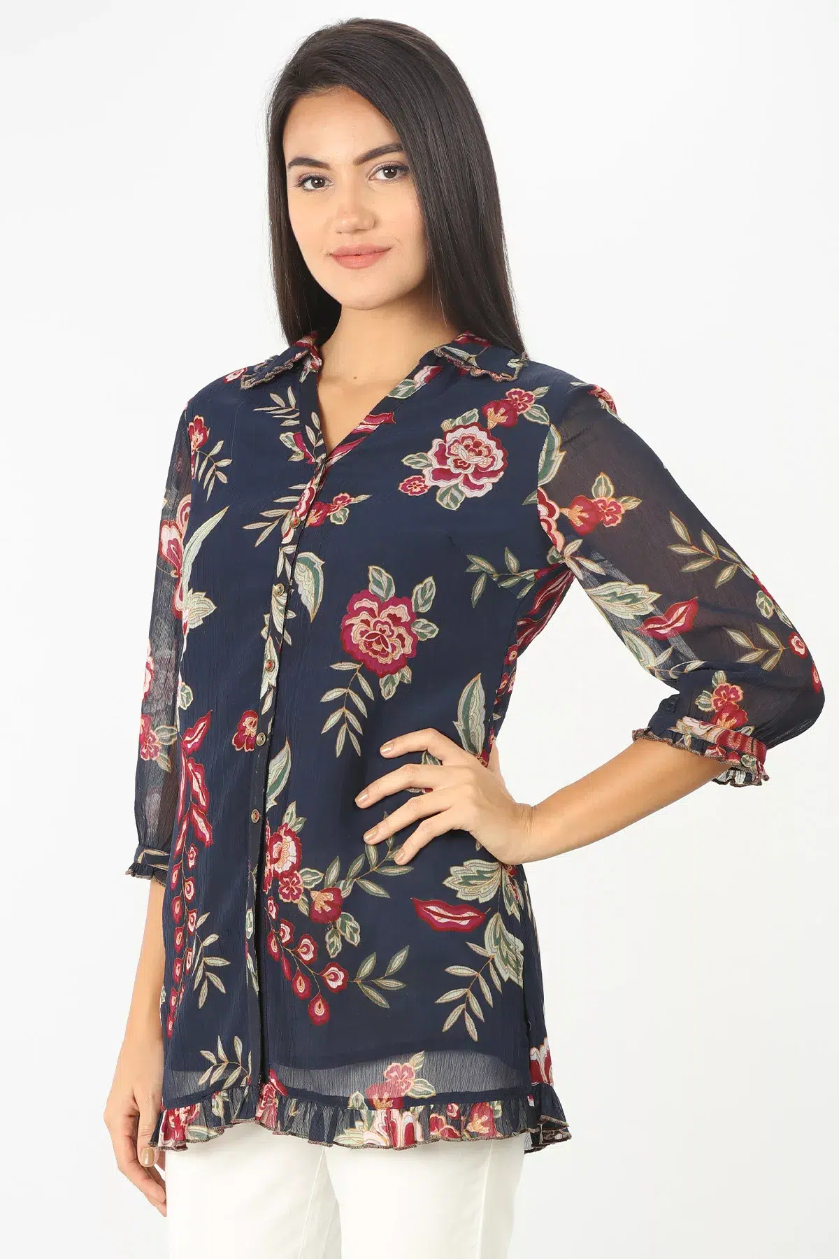 Floral Printed Blue Shirt Women