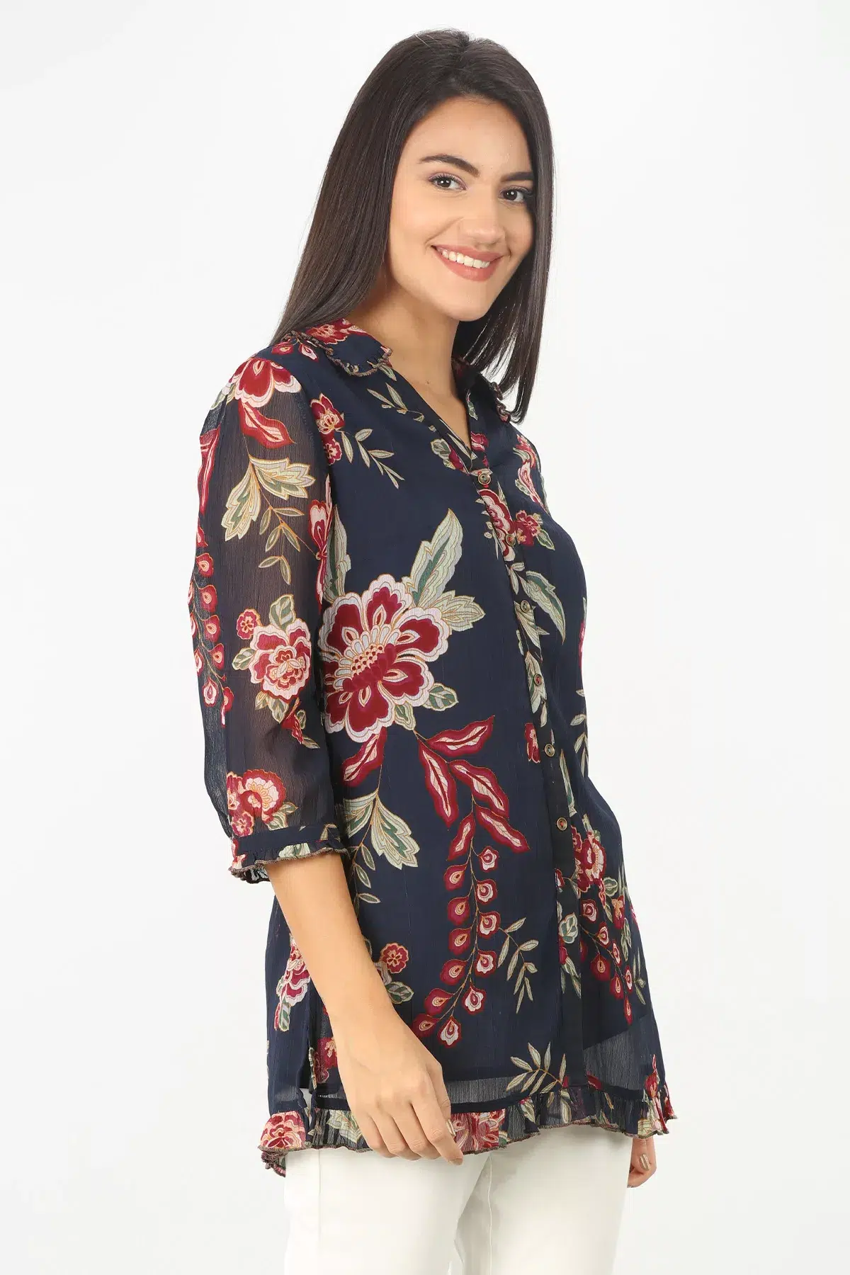 Floral Printed Blue Shirt Women