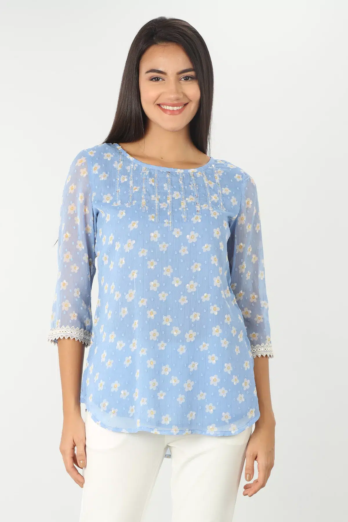 Embroidered Blue Top For Ladies
