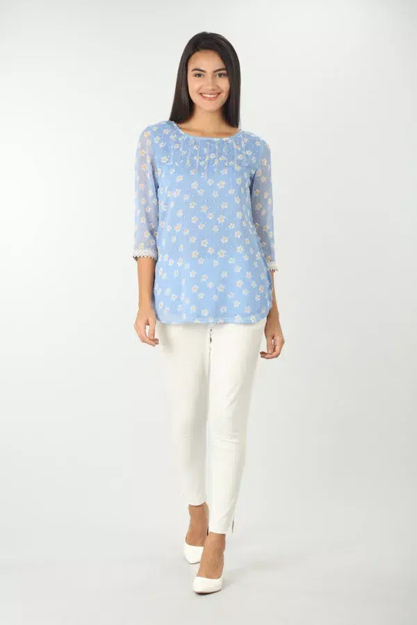 Embroidered Blue Top For Ladies