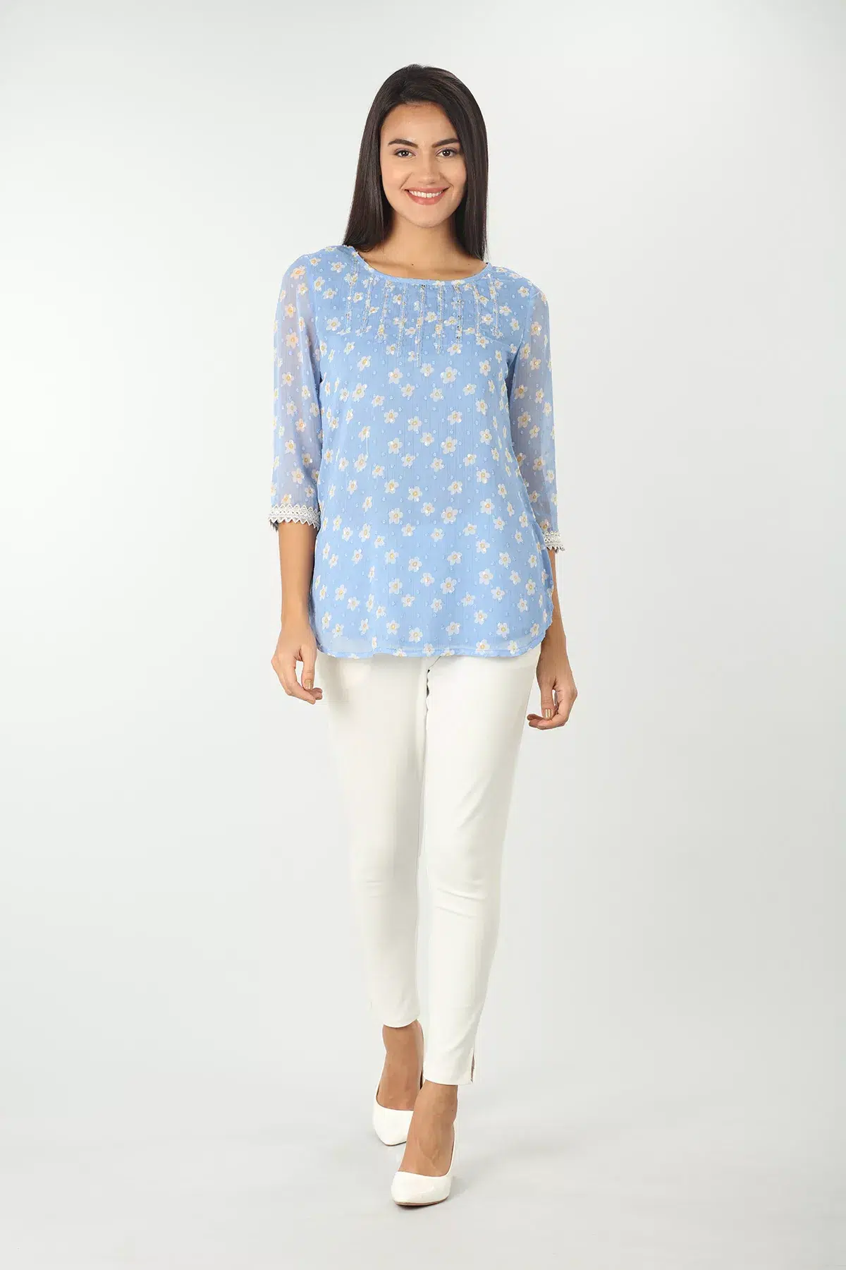 Embroidered Blue Top For Ladies