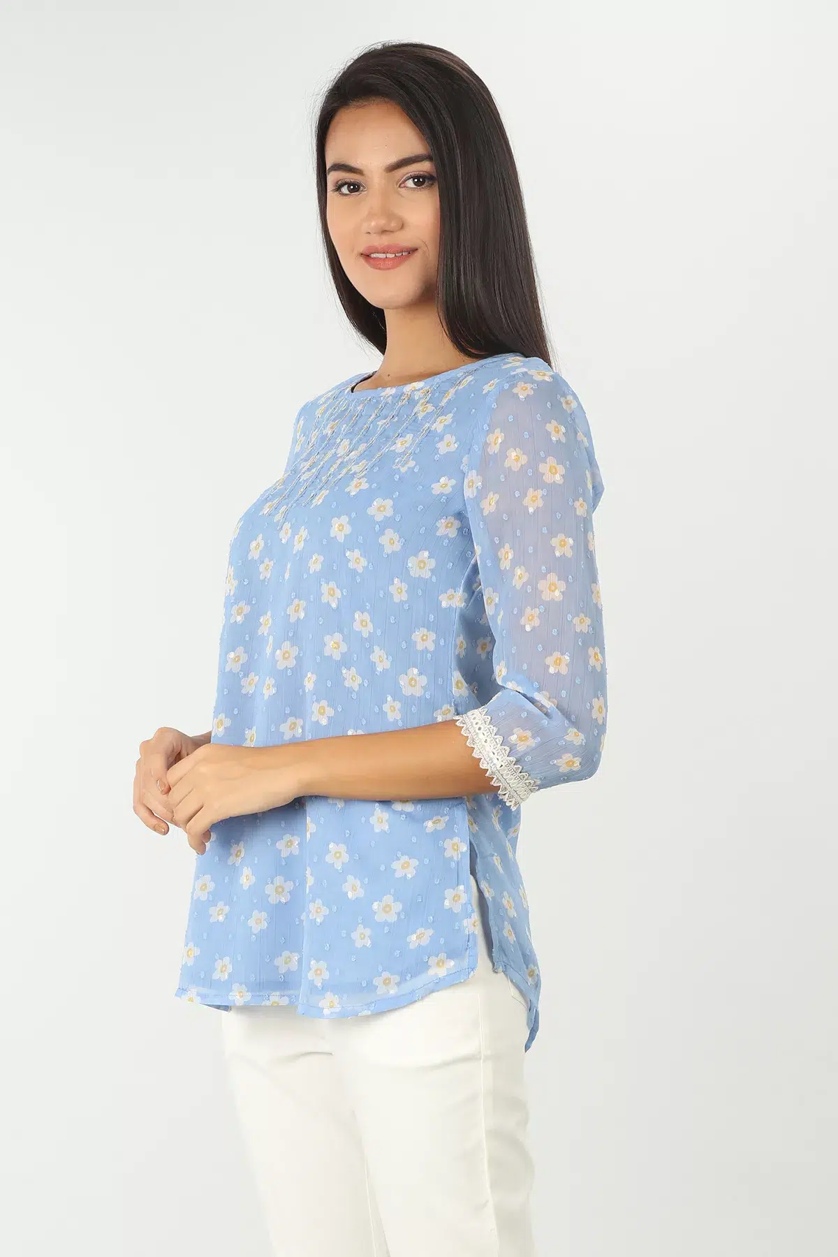 Embroidered Blue Top For Ladies