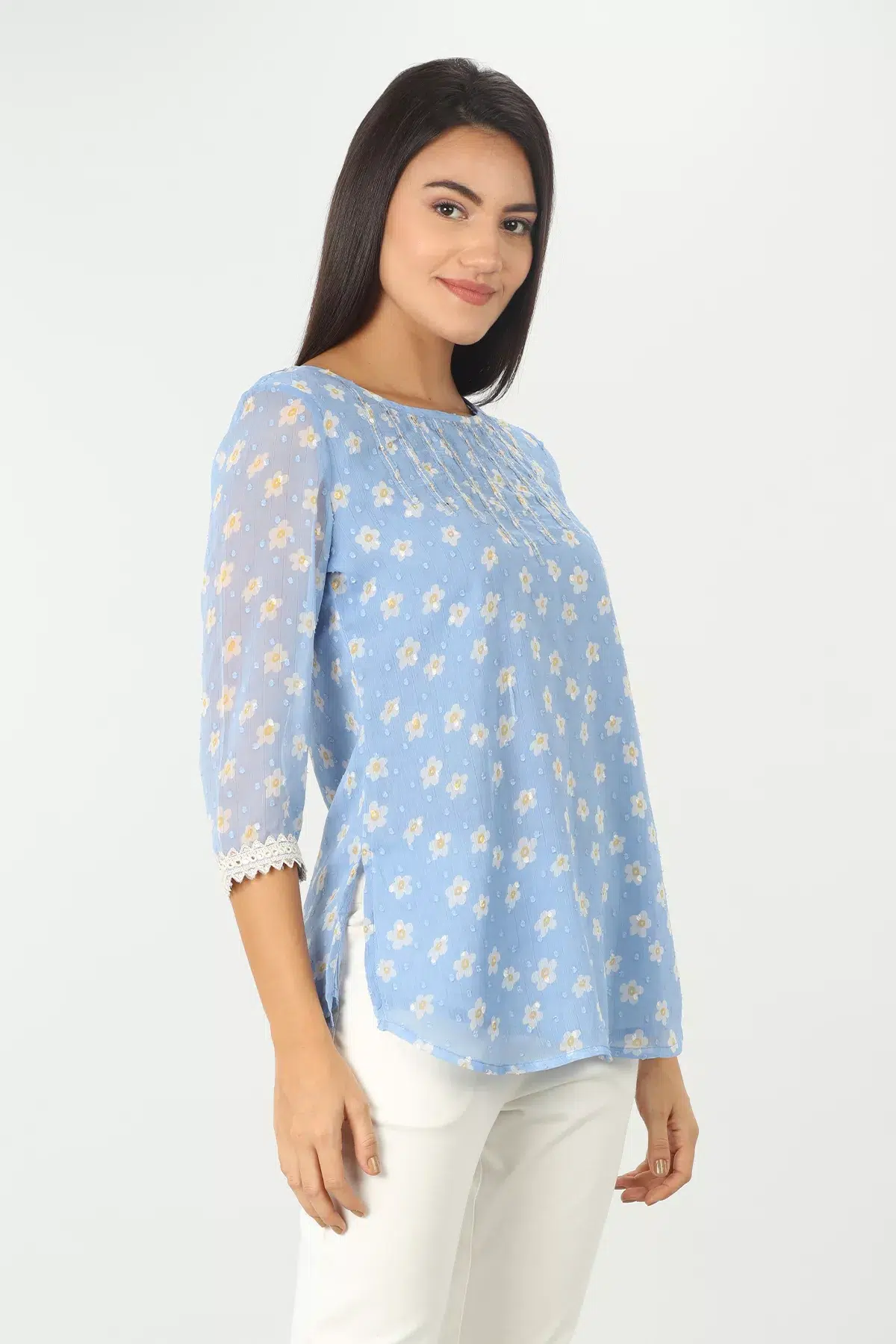 Embroidered Blue Top For Ladies