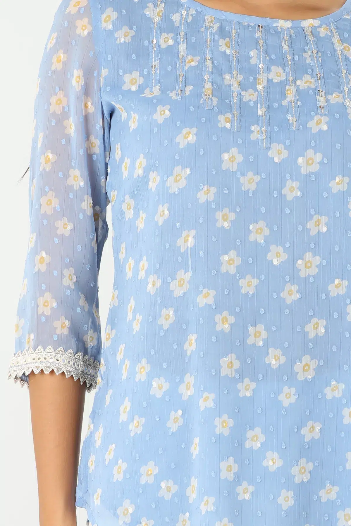 Embroidered Blue Top For Ladies