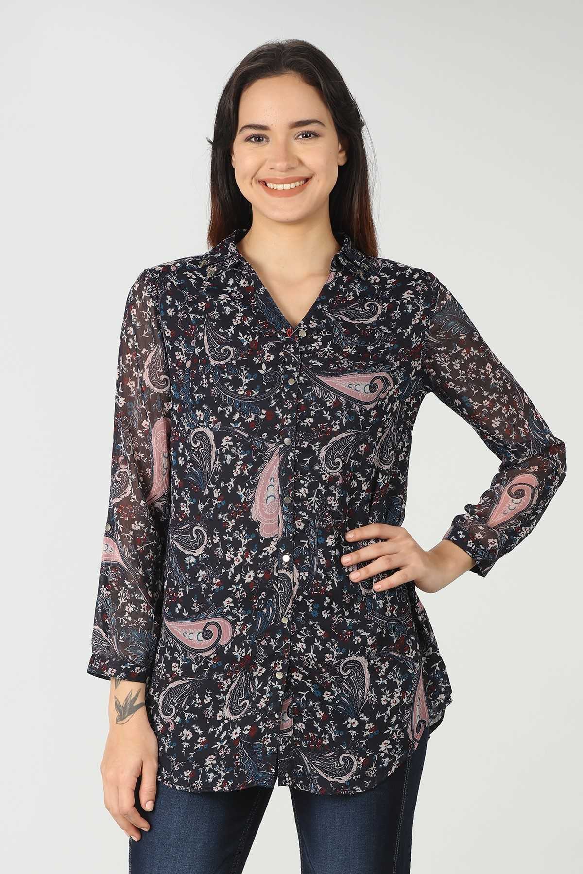 Printed Dark Blue Shirt For Women