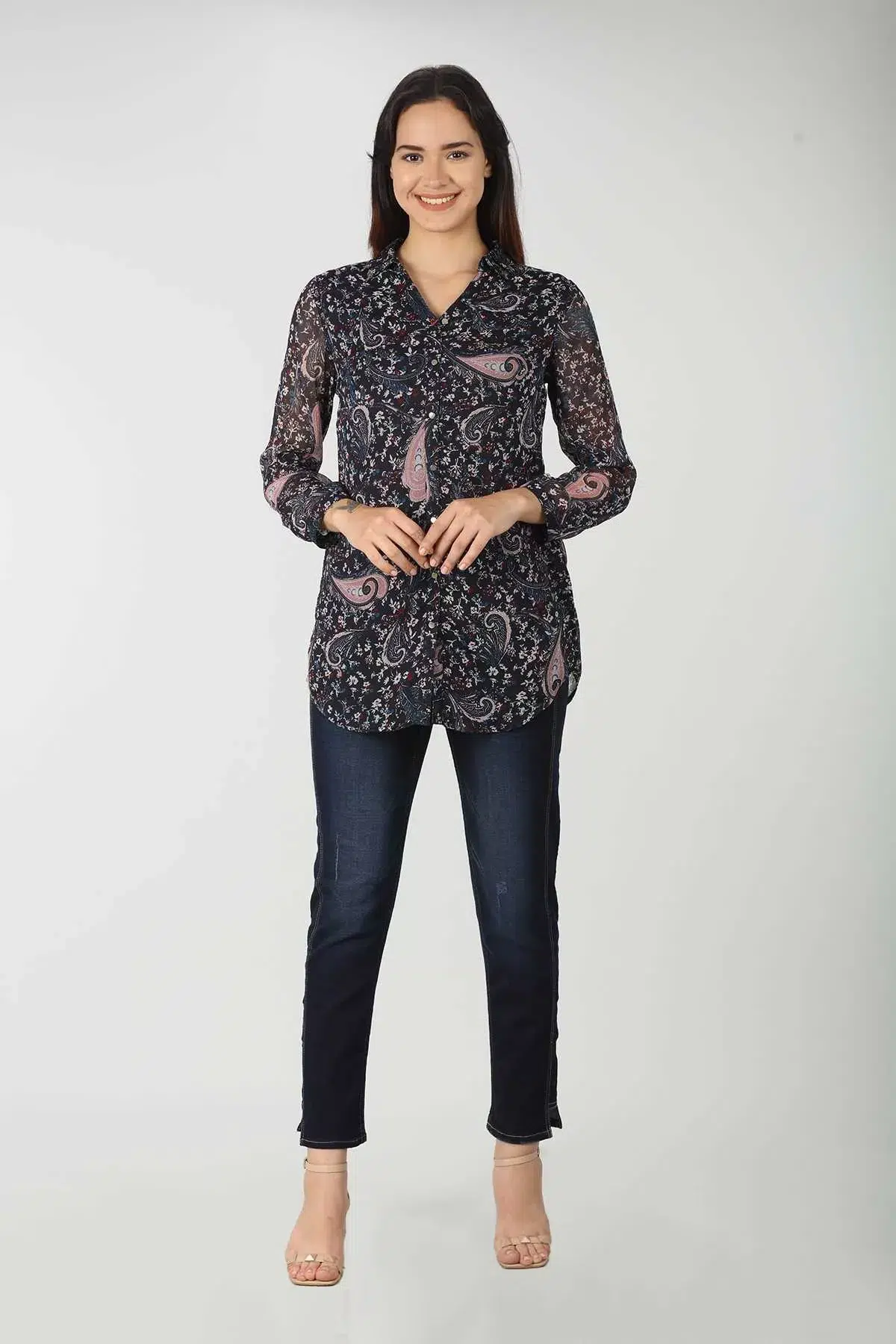 Printed Dark Blue Shirt For Women