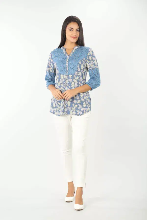 Dobby Printed Blue Top Women