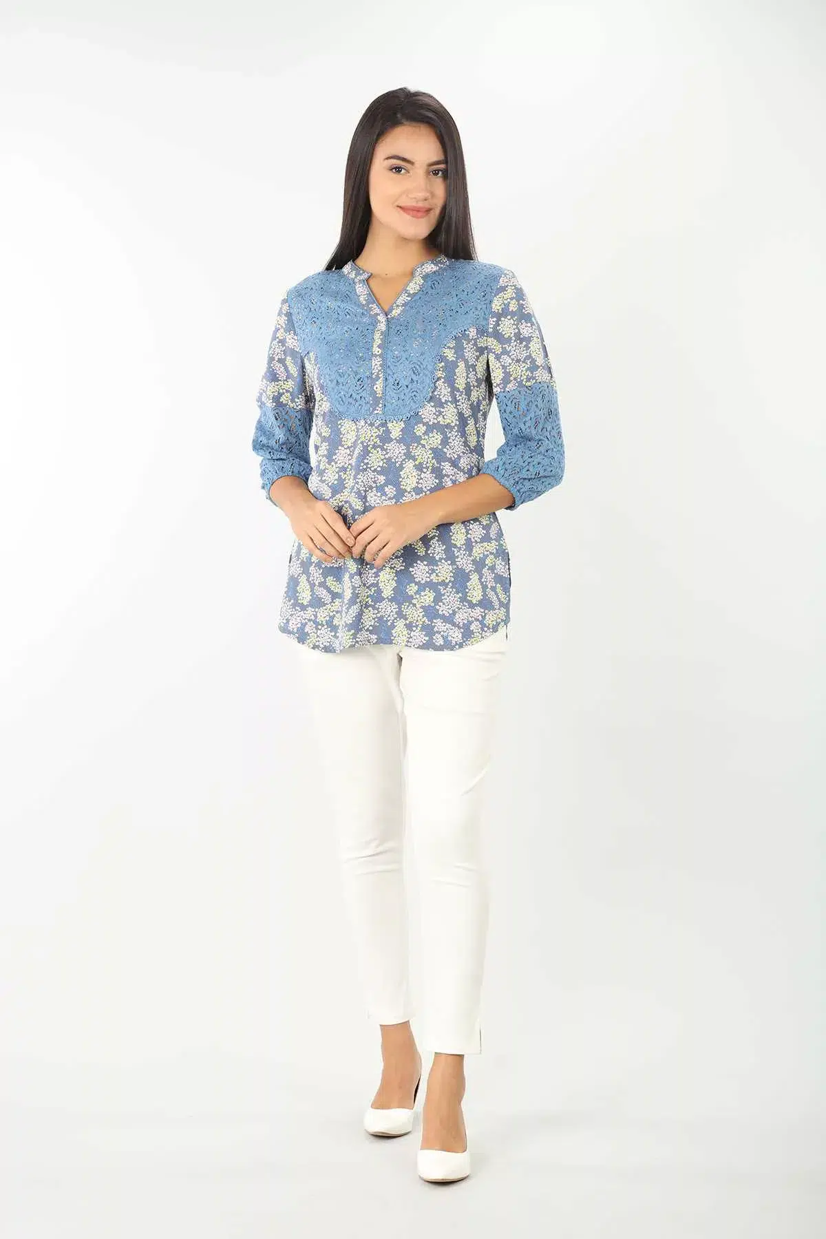Dobby Printed Blue Top Women