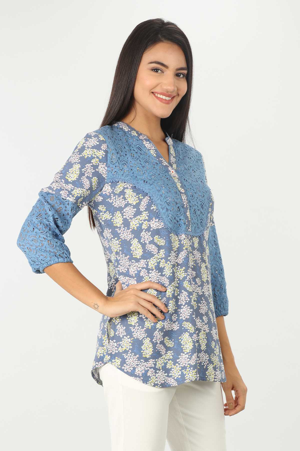 Dobby Printed Blue Top Women
