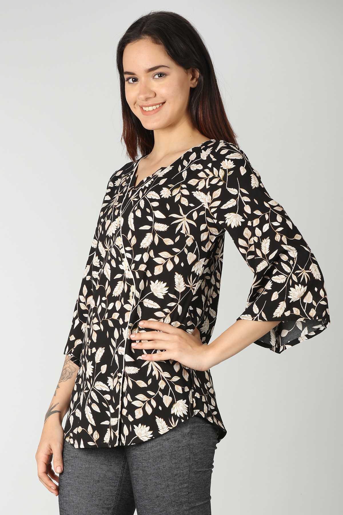 Black Floral Printed Top For Women