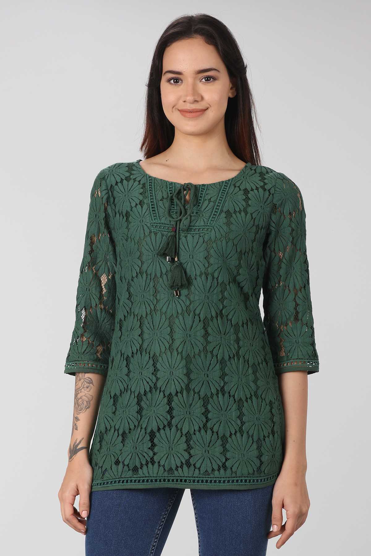 Lace Printed Green Top Ladies