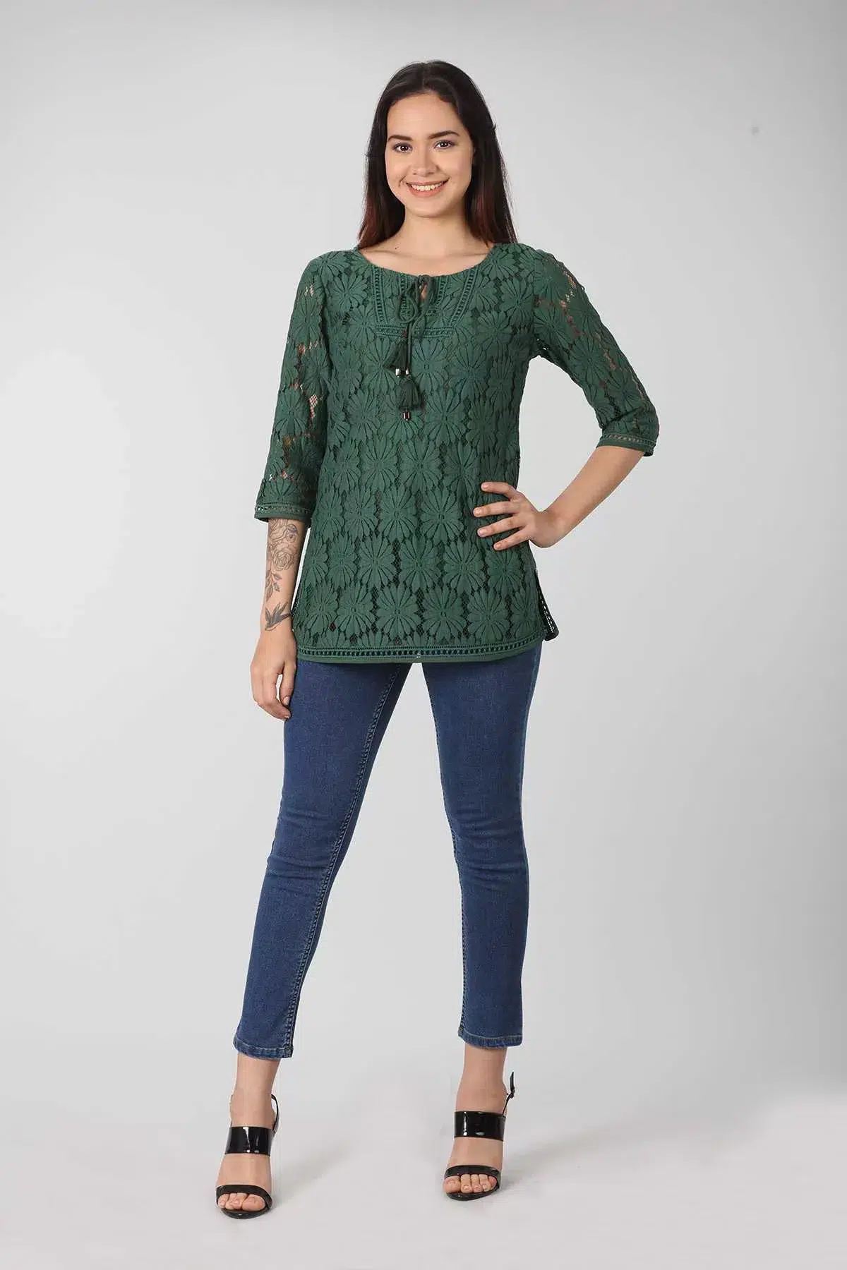 Lace Printed Green Top Ladies