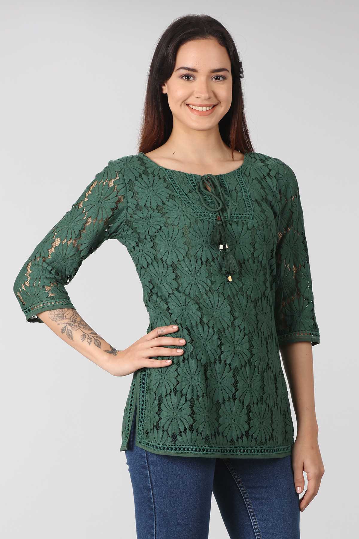 Lace Printed Green Top Ladies