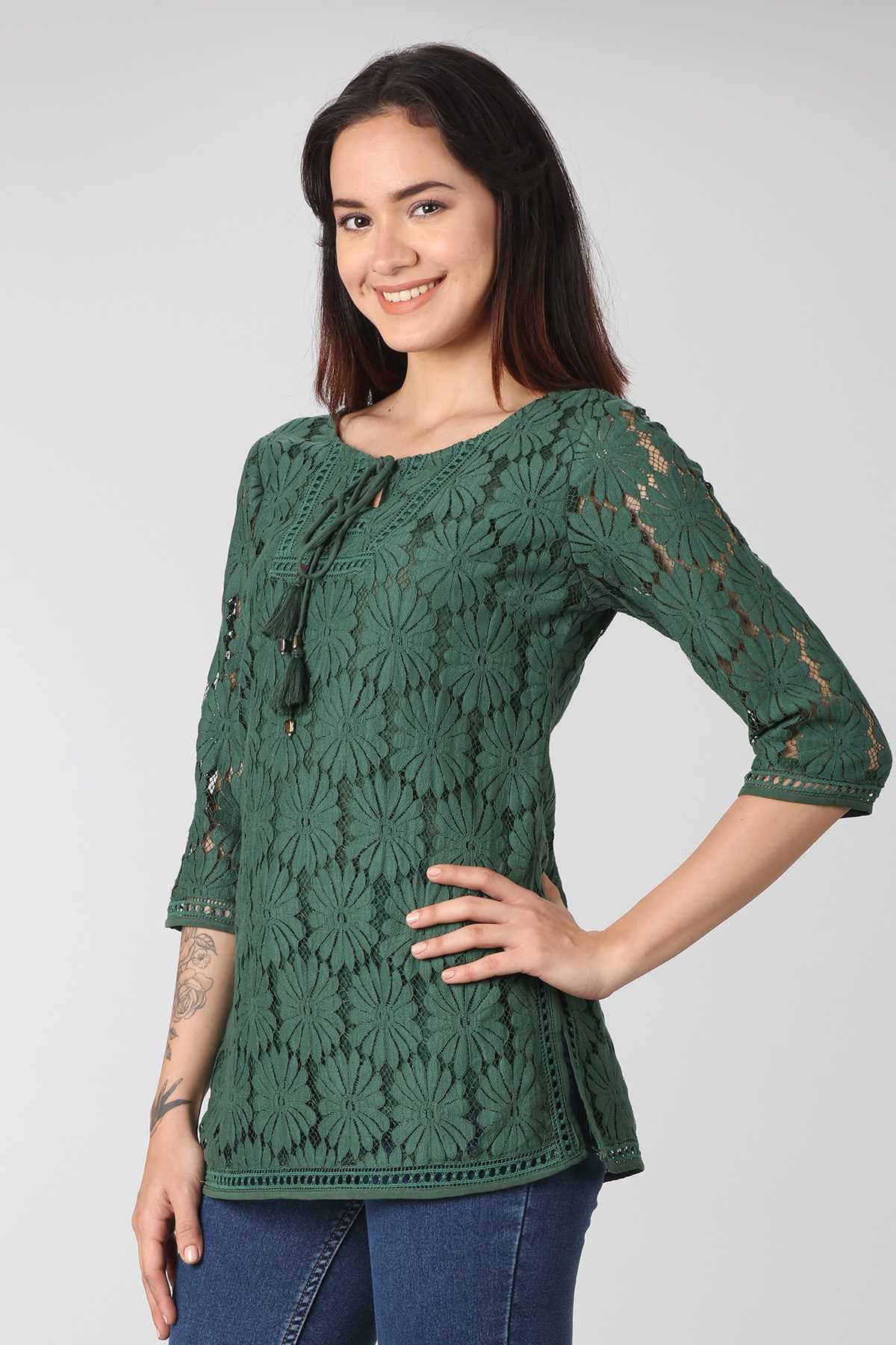 Lace Printed Green Top Ladies