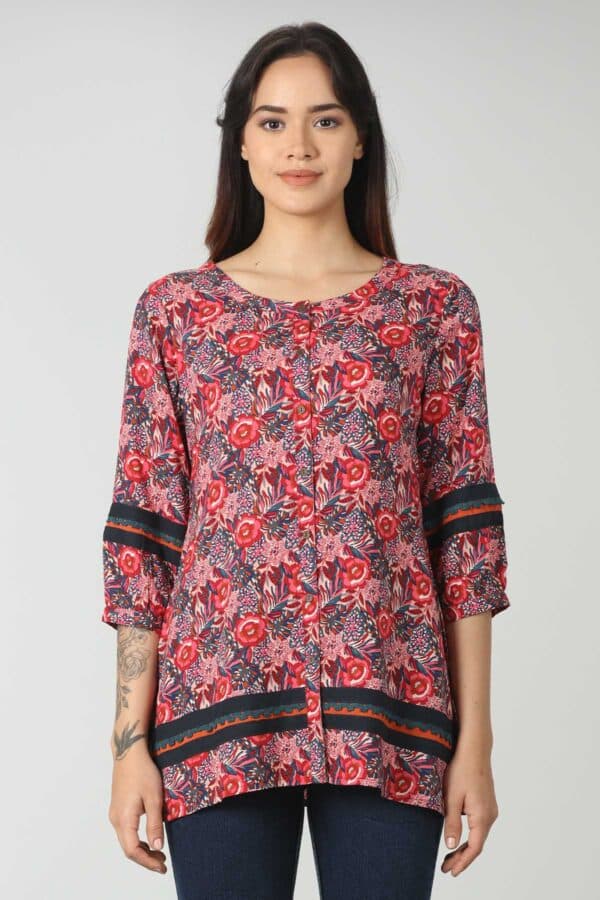 Red Printed Long Tops For Women