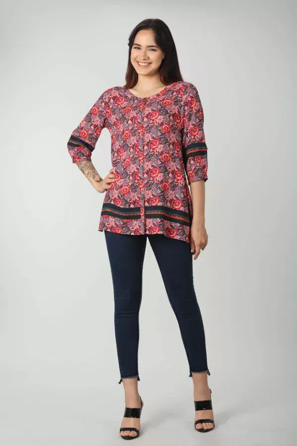 Red Printed Long Tops For Women