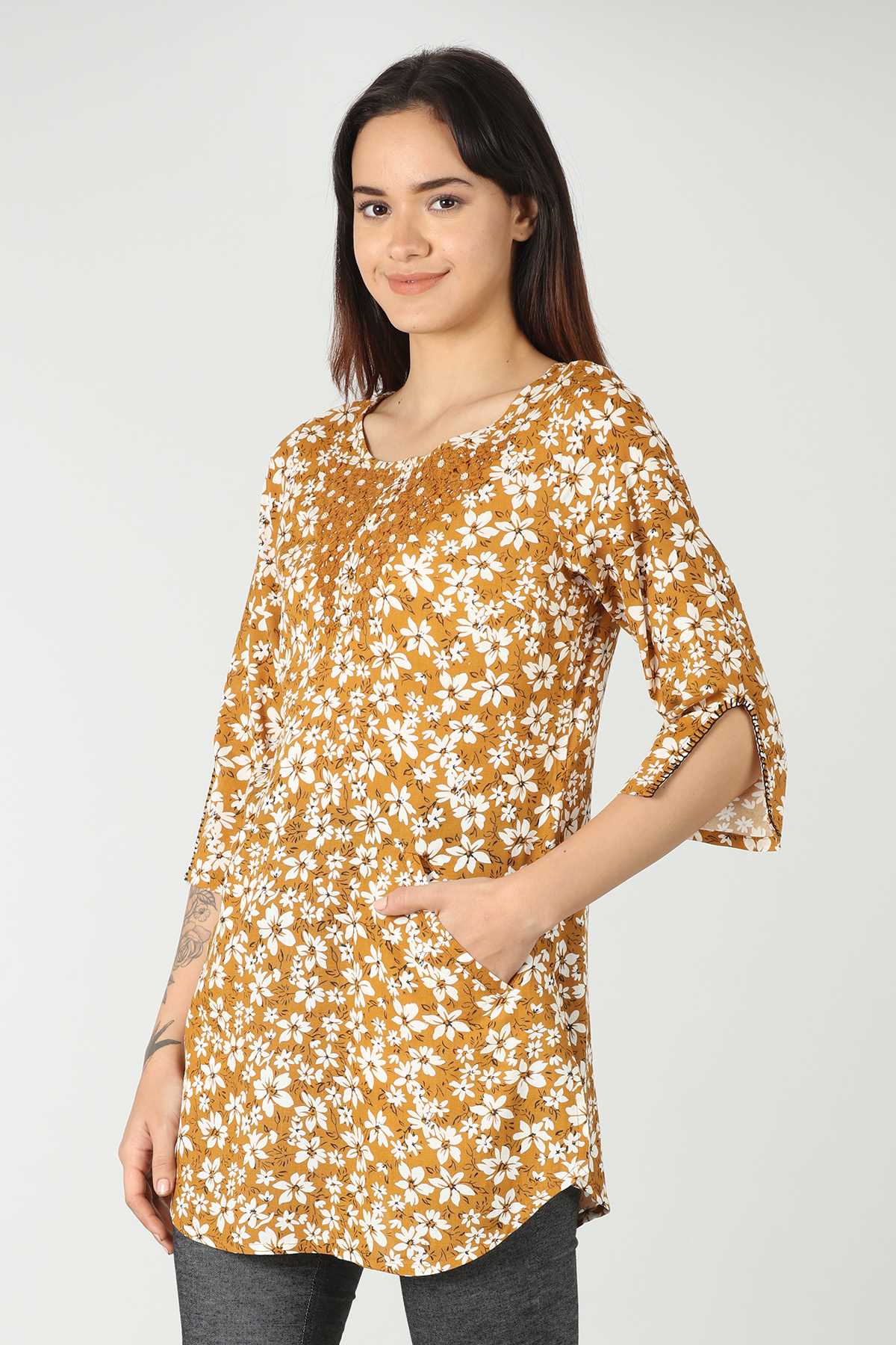 Printed Mustard Colour Top For Women
